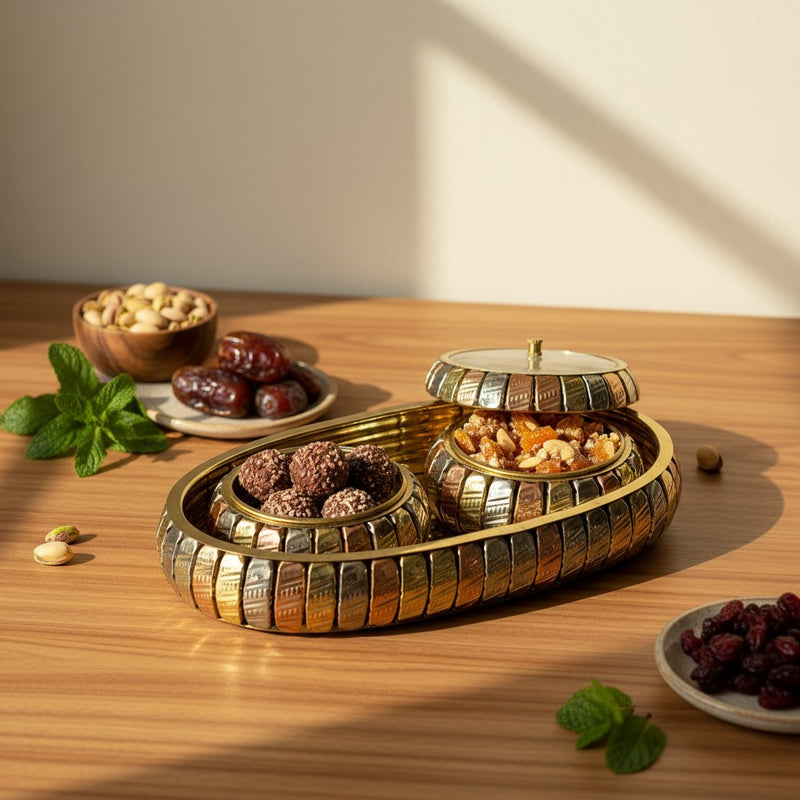 SimplyDecore Brass Mukhvaas/Supari Set 2 Compartments, Premium Design, Home Decor, Traditional Design