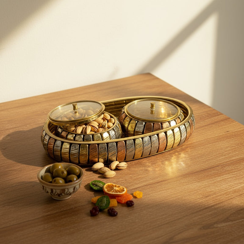 SimplyDecore Brass Mukhvaas/Supari Set 2 Compartments, Premium Design, Home Decor, Traditional Design