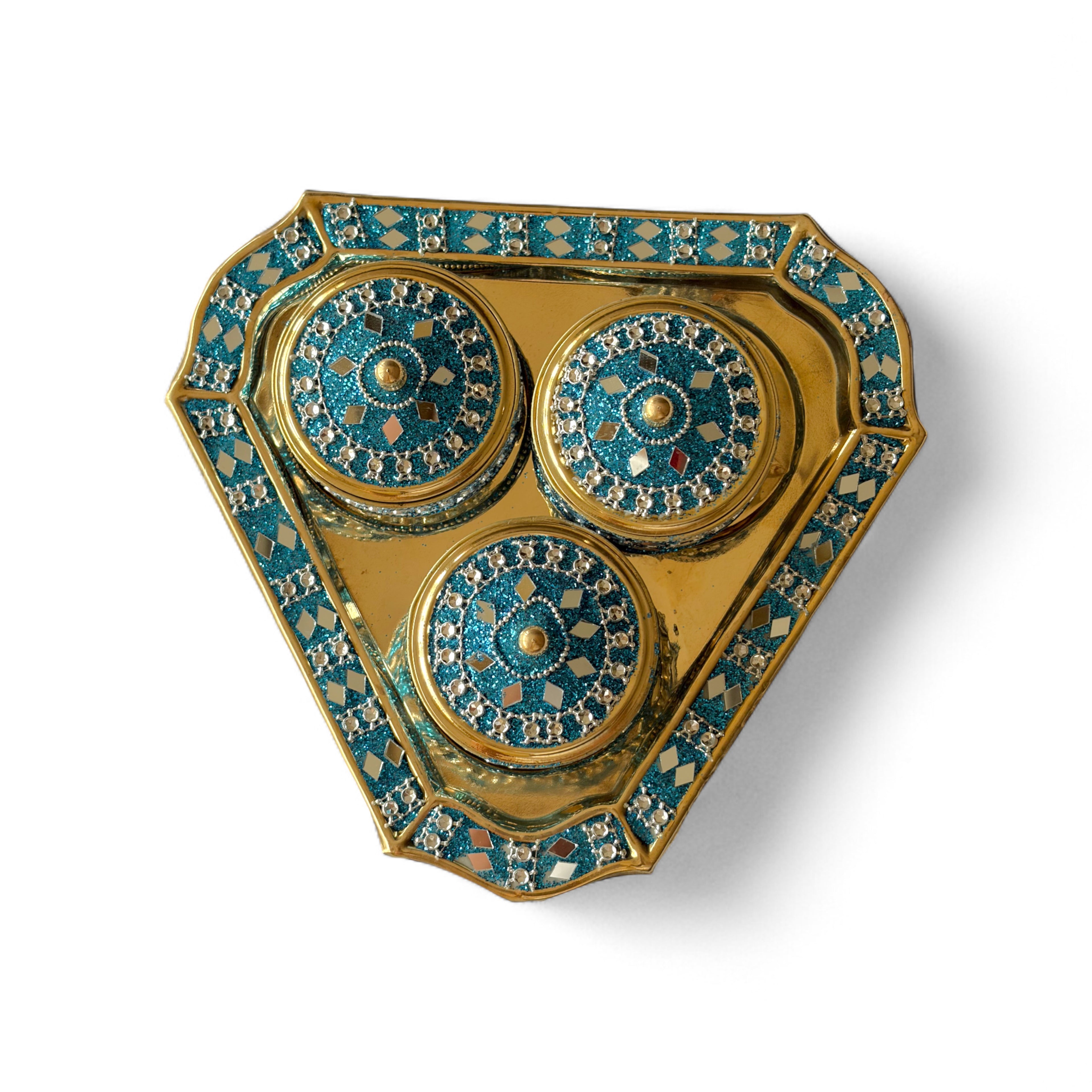 Brass Mukhvaas/Supari Set, Glittered Design, 3 Compartments, Traditional, Premium