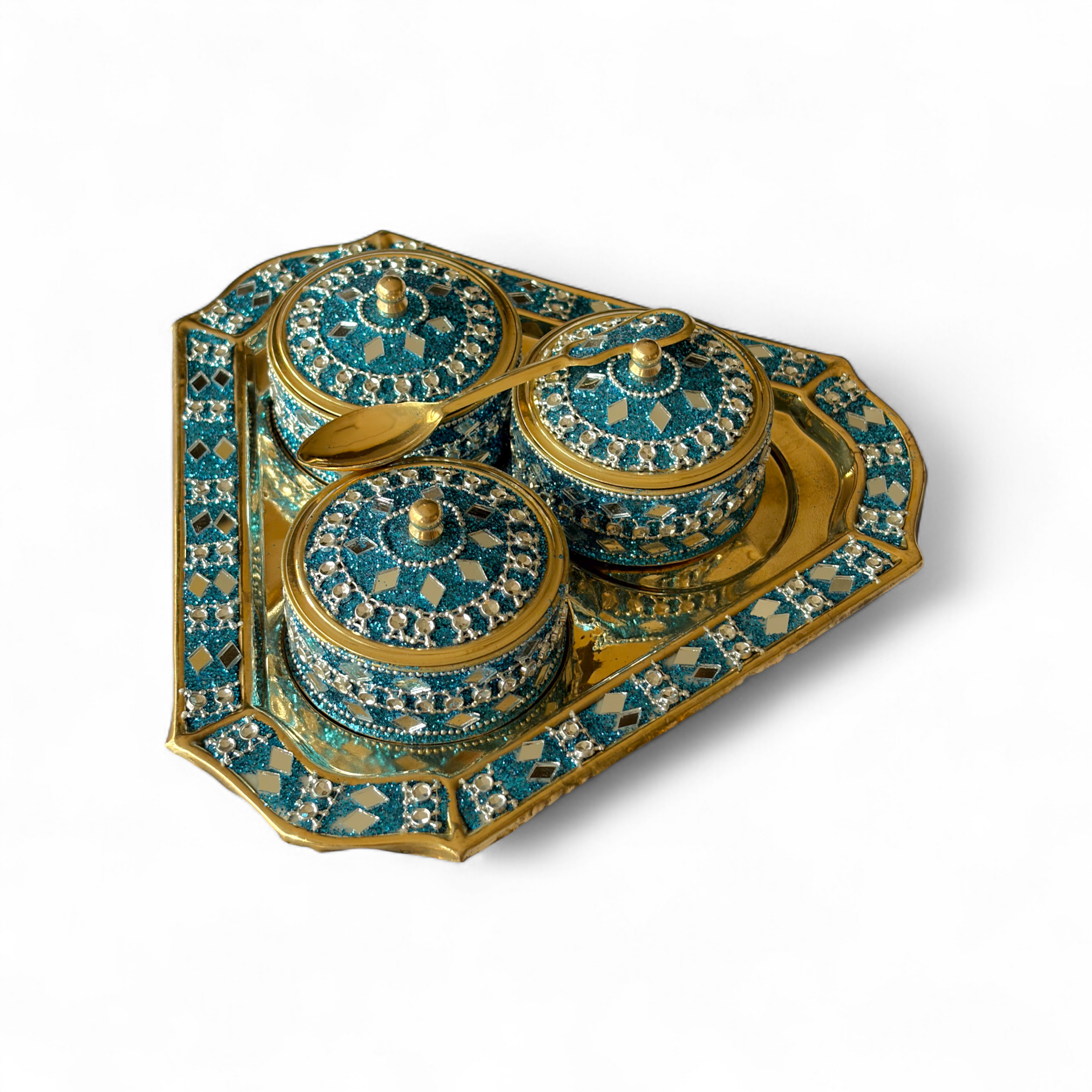 Brass Mukhvaas/Supari Set, Glittered Design, 3 Compartments, Traditional, Premium