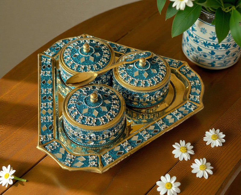 Brass Mukhvaas/Supari Set, Glittered Design, 3 Compartments, Traditional, Premium