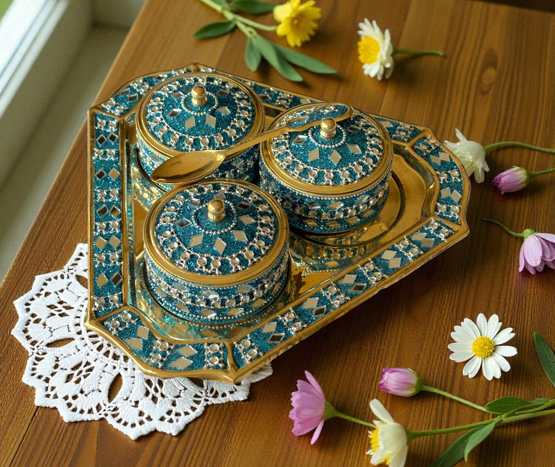 Brass Mukhvaas/Supari Set, Glittered Design, 3 Compartments, Traditional, Premium