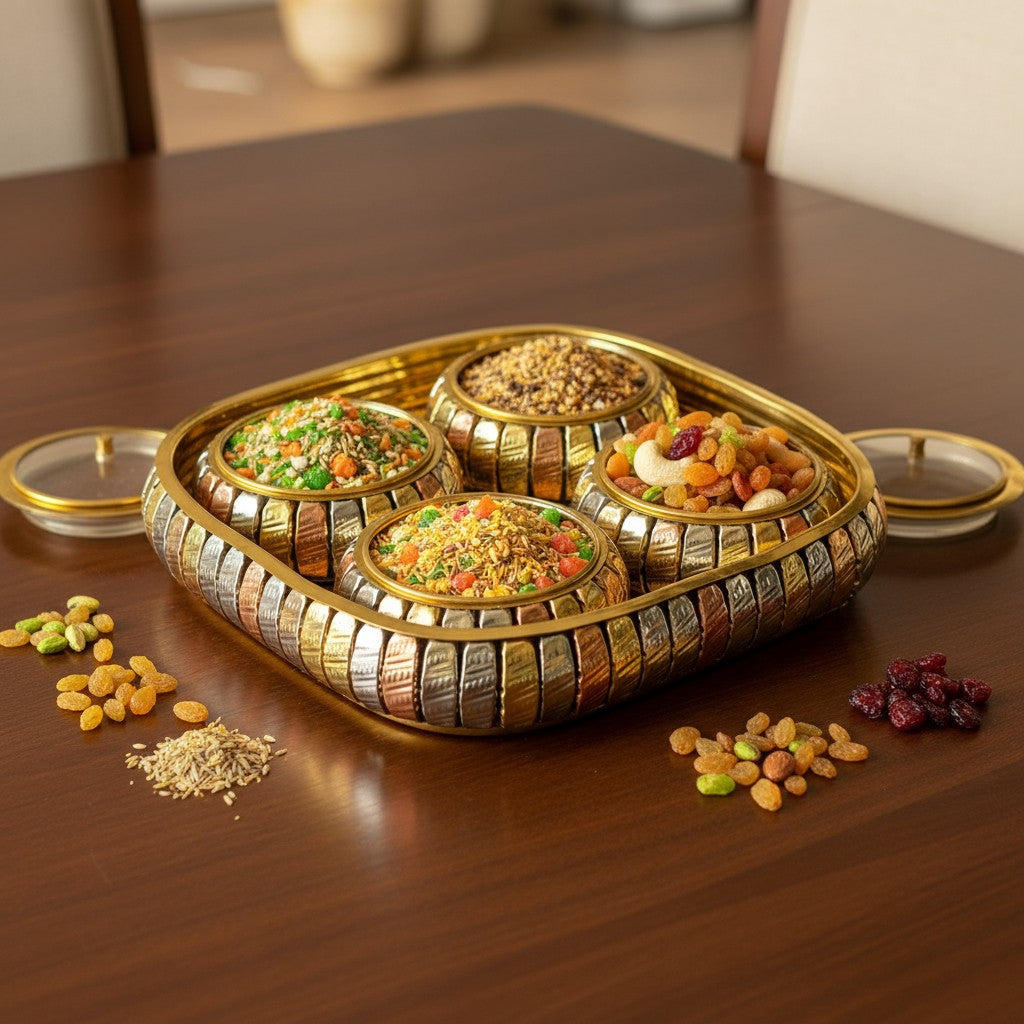 Brass Decorative Mukhvaas/Supari Set 4 Compartments, Traditional Design, Premium Item, Home Decor