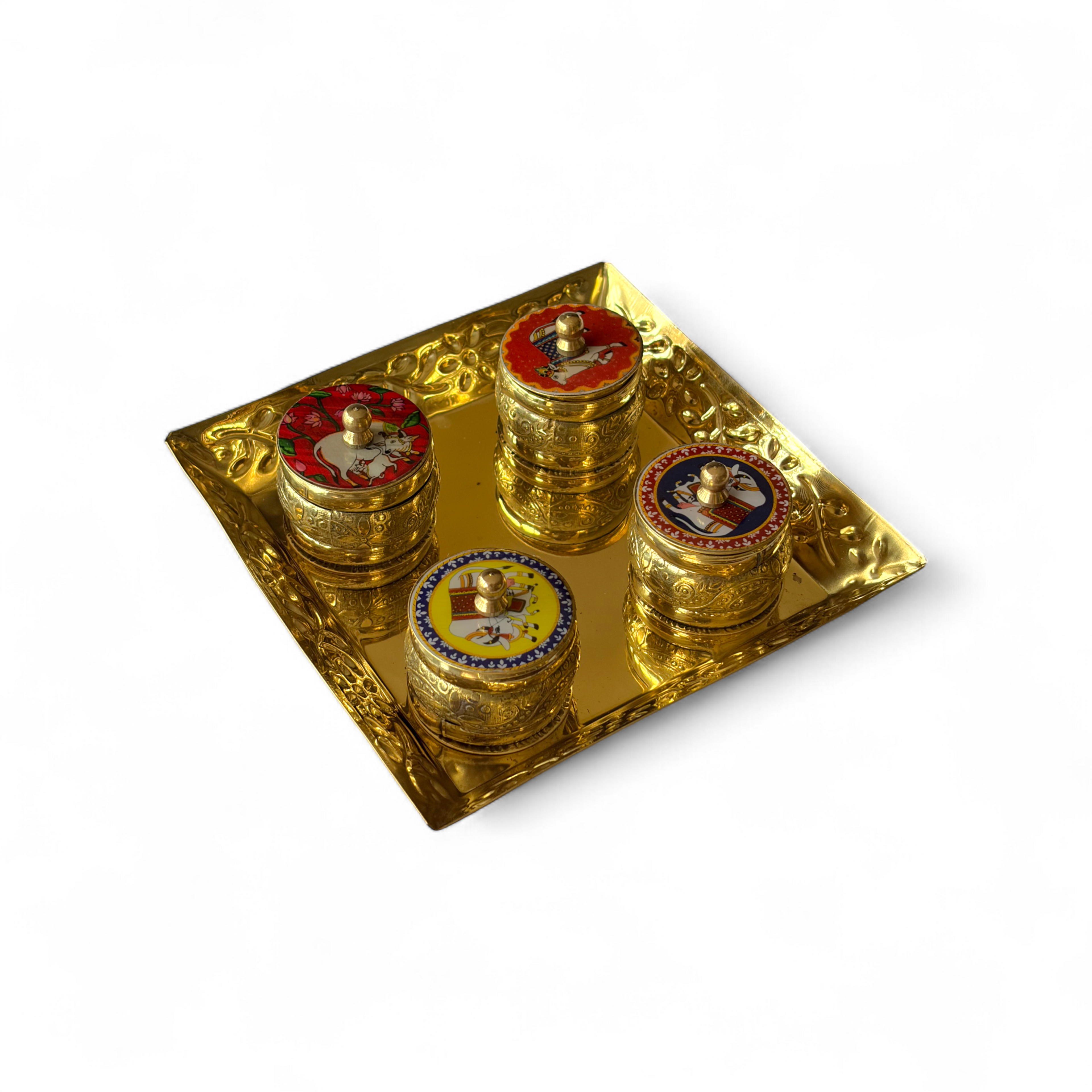 SimplyDecore Traditional Brass Puja Tray for Chandan/Sindoor/Kapoor/Lavang, Traditional Design, Home Decor