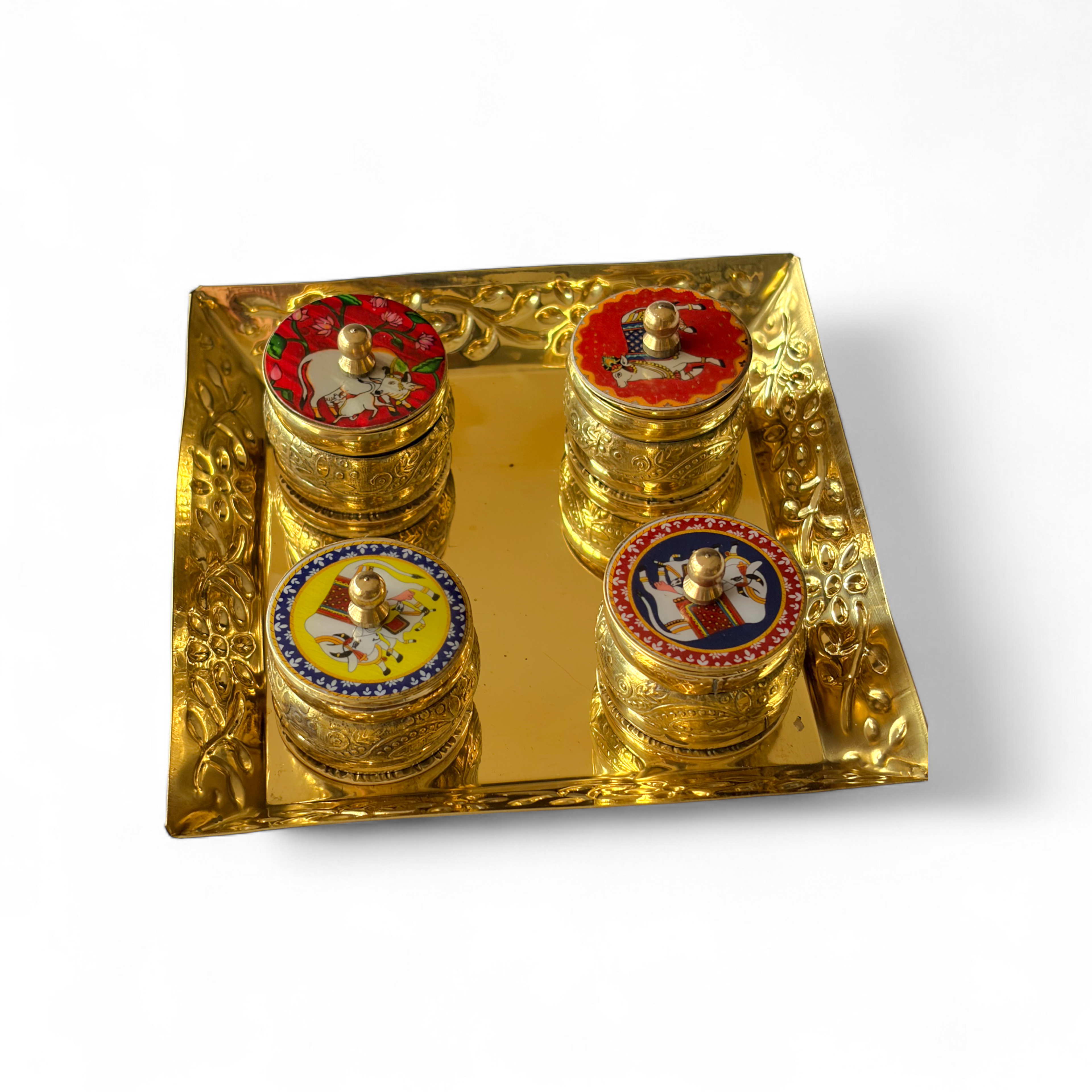SimplyDecore Traditional Brass Puja Tray for Chandan/Sindoor/Kapoor/Lavang, Traditional Design, Home Decor