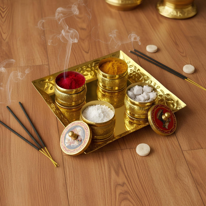 SimplyDecore Traditional Brass Puja Tray for Chandan/Sindoor/Kapoor/Lavang, Traditional Design, Home Decor