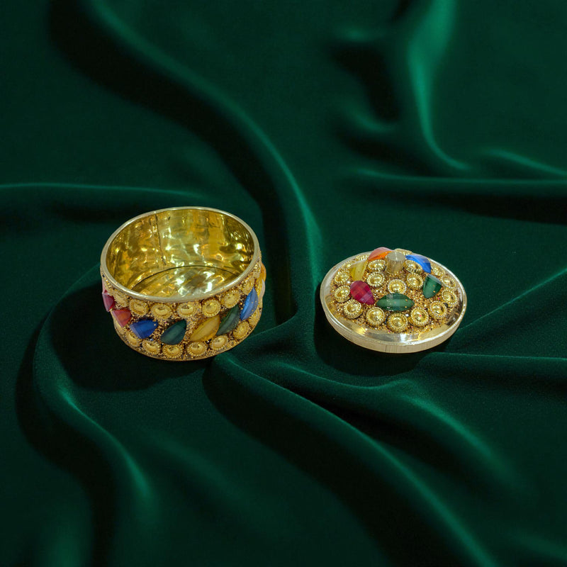Decorative Sindoor Box with Multicolored Glass Inlay, Gold-Toned Metal, Traditional Indian Style, 5cm x 5cm
