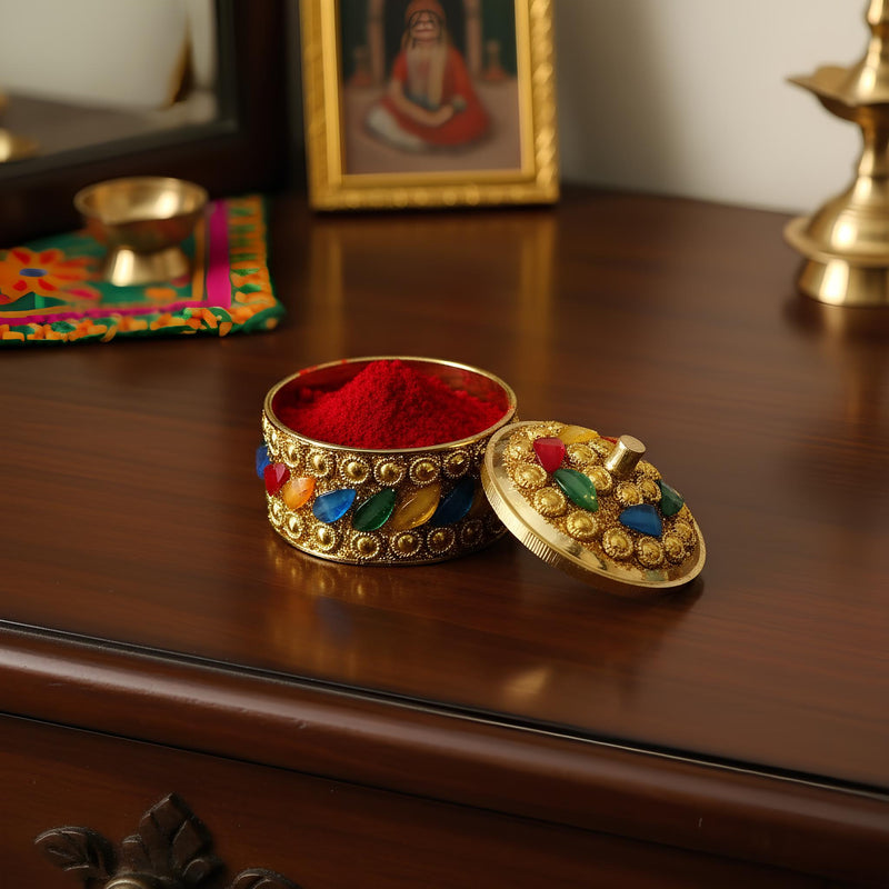 Decorative Sindoor Box with Multicolored Glass Inlay, Gold-Toned Metal, Traditional Indian Style, 5cm x 5cm
