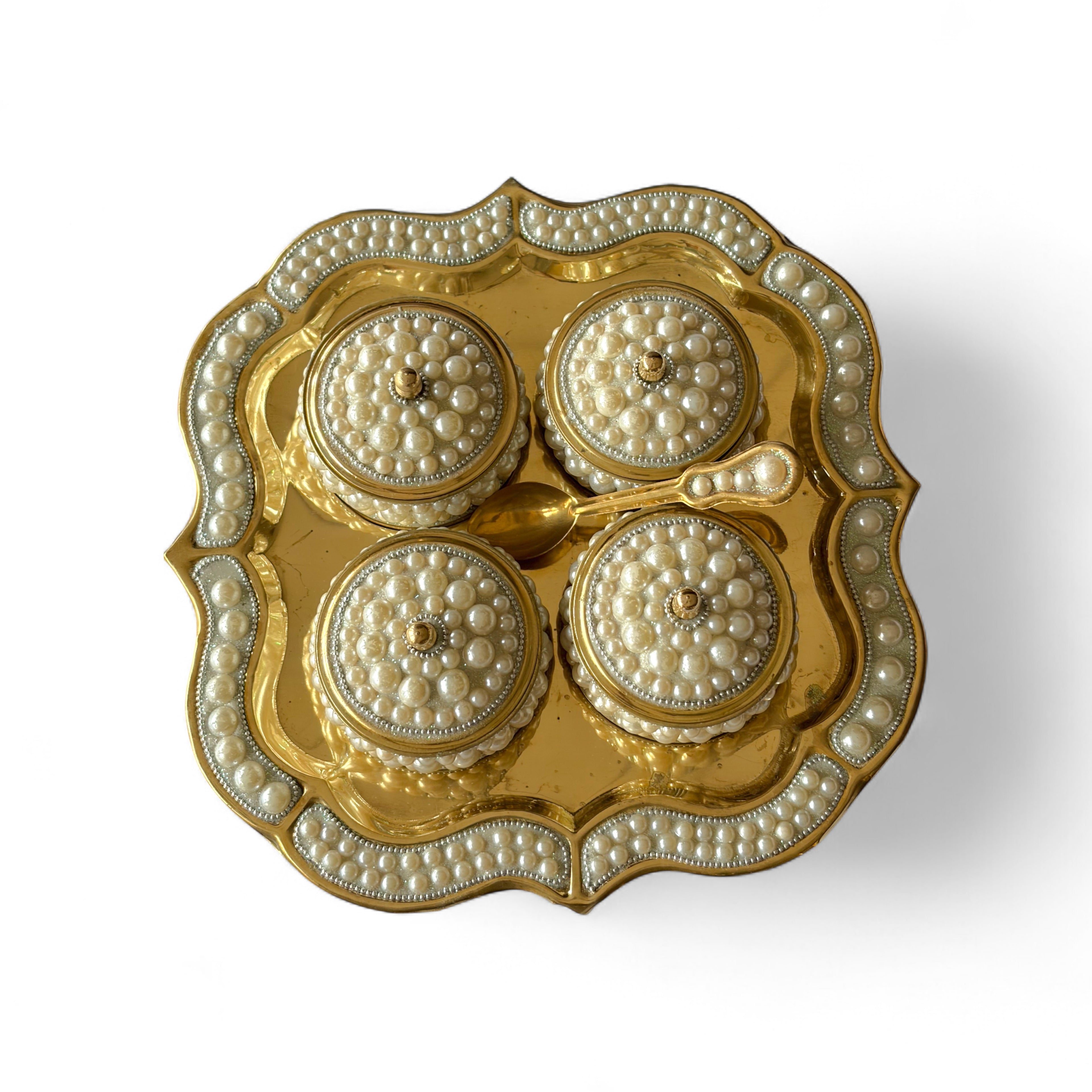 Pearl Decorated Dry Fruit Box Set with Brass Tray, Traditional Decorative Storage Containers, 4 Bowls with Lids, 24cm x 5cm