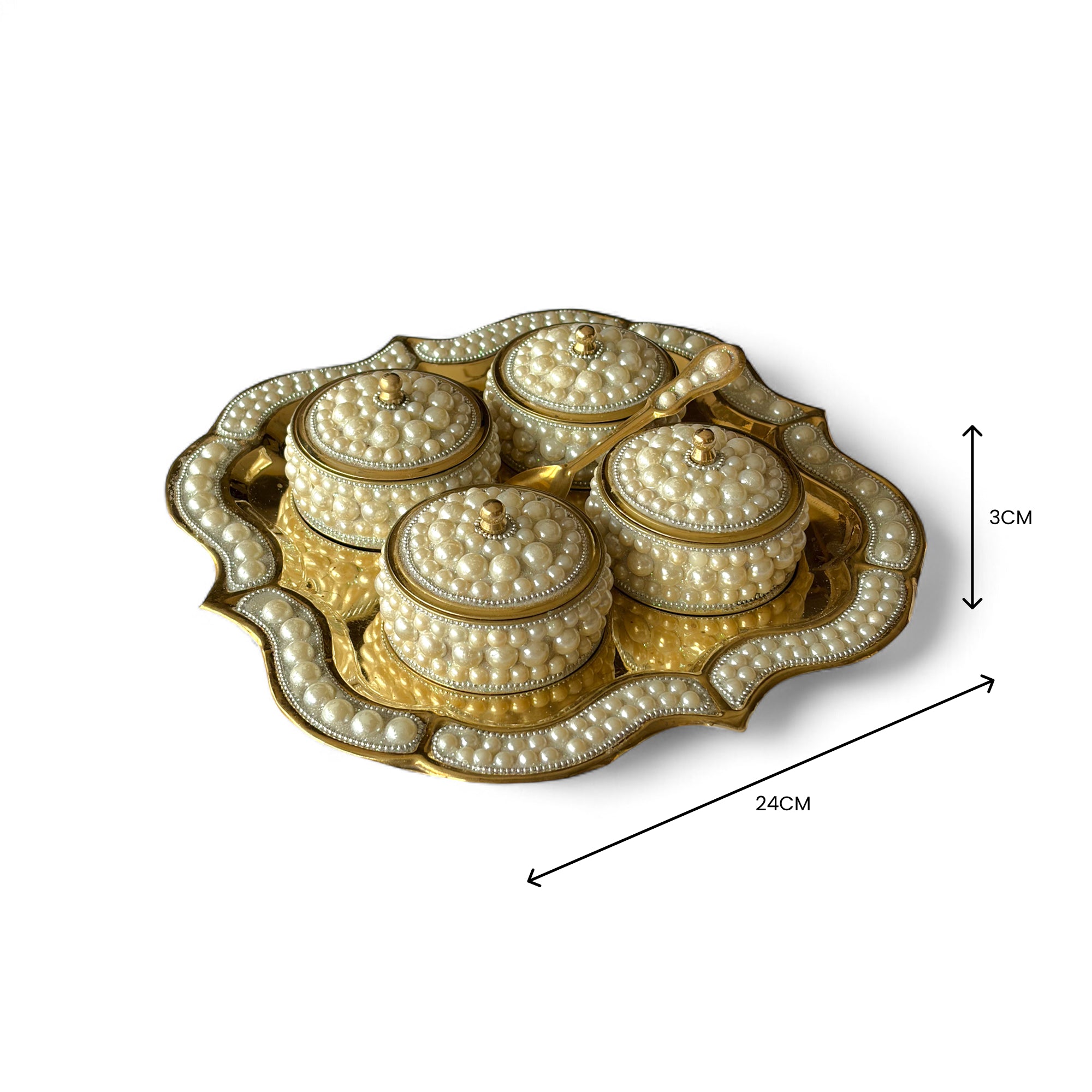 Pearl Decorated Dry Fruit Box Set with Brass Tray, Traditional Decorative Storage Containers, 4 Bowls with Lids, 24cm x 5cm