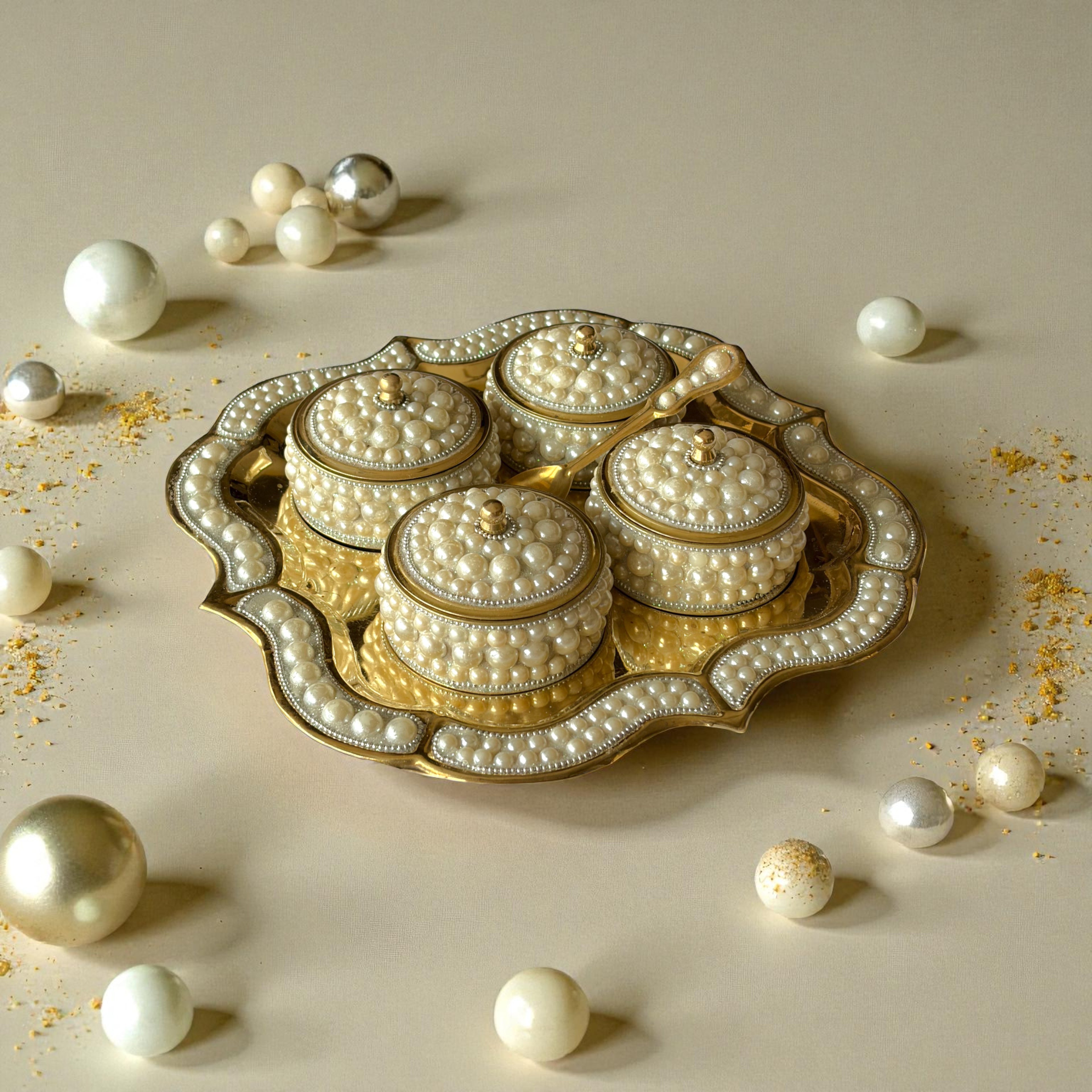 Pearl Decorated Dry Fruit Box Set with Brass Tray, Traditional Decorative Storage Containers, 4 Bowls with Lids, 24cm x 5cm