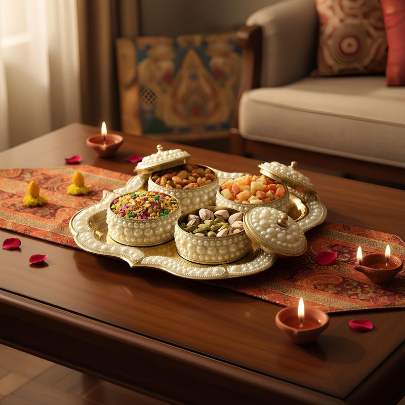 Pearl Decorated Dry Fruit Box Set with Brass Tray, Traditional Decorative Storage Containers, 4 Bowls with Lids, 24cm x 5cm