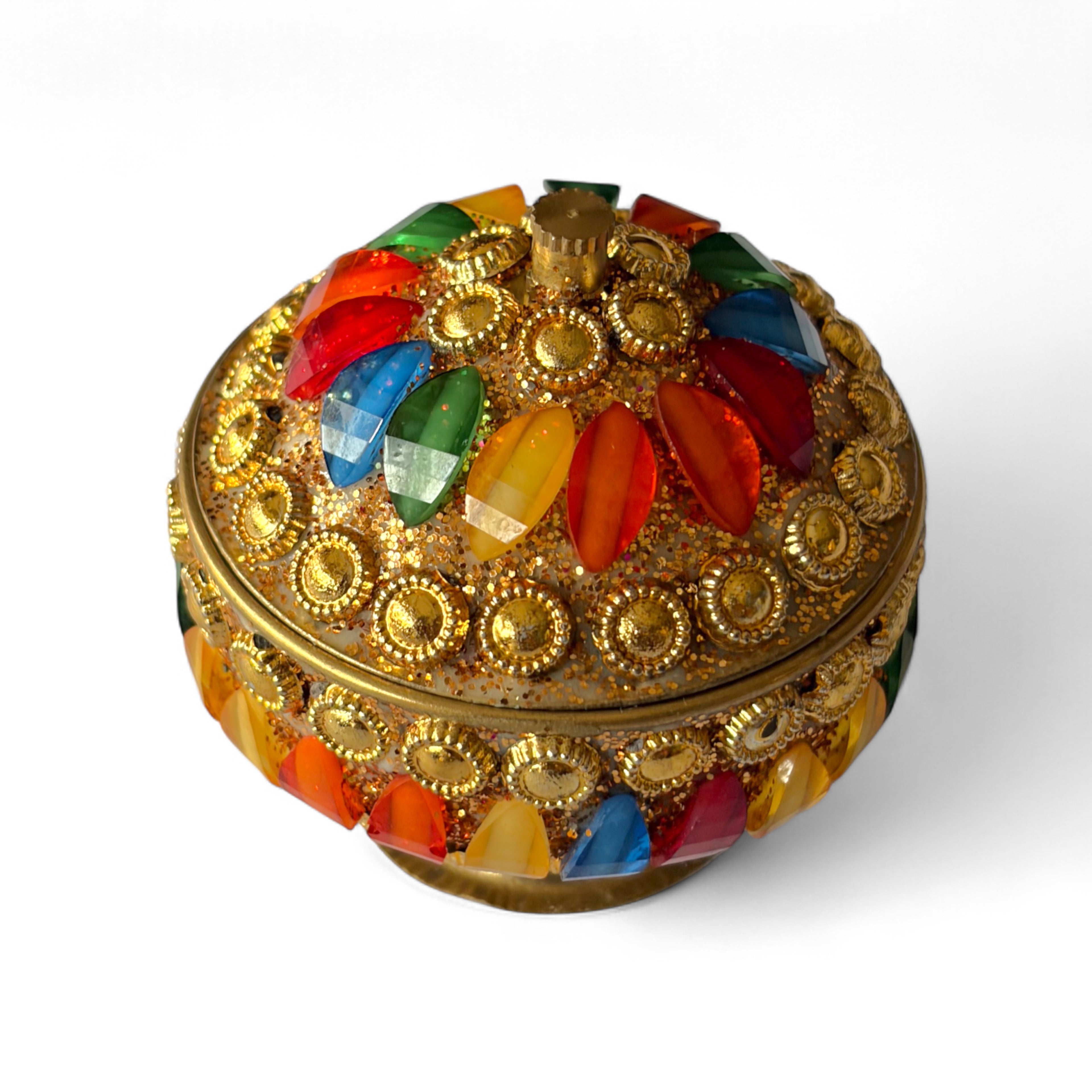 Traditional Indian Style Sindoor Box with Multicolored Glass Inlay, Brass, Sindoor Box, 6cm, Premium