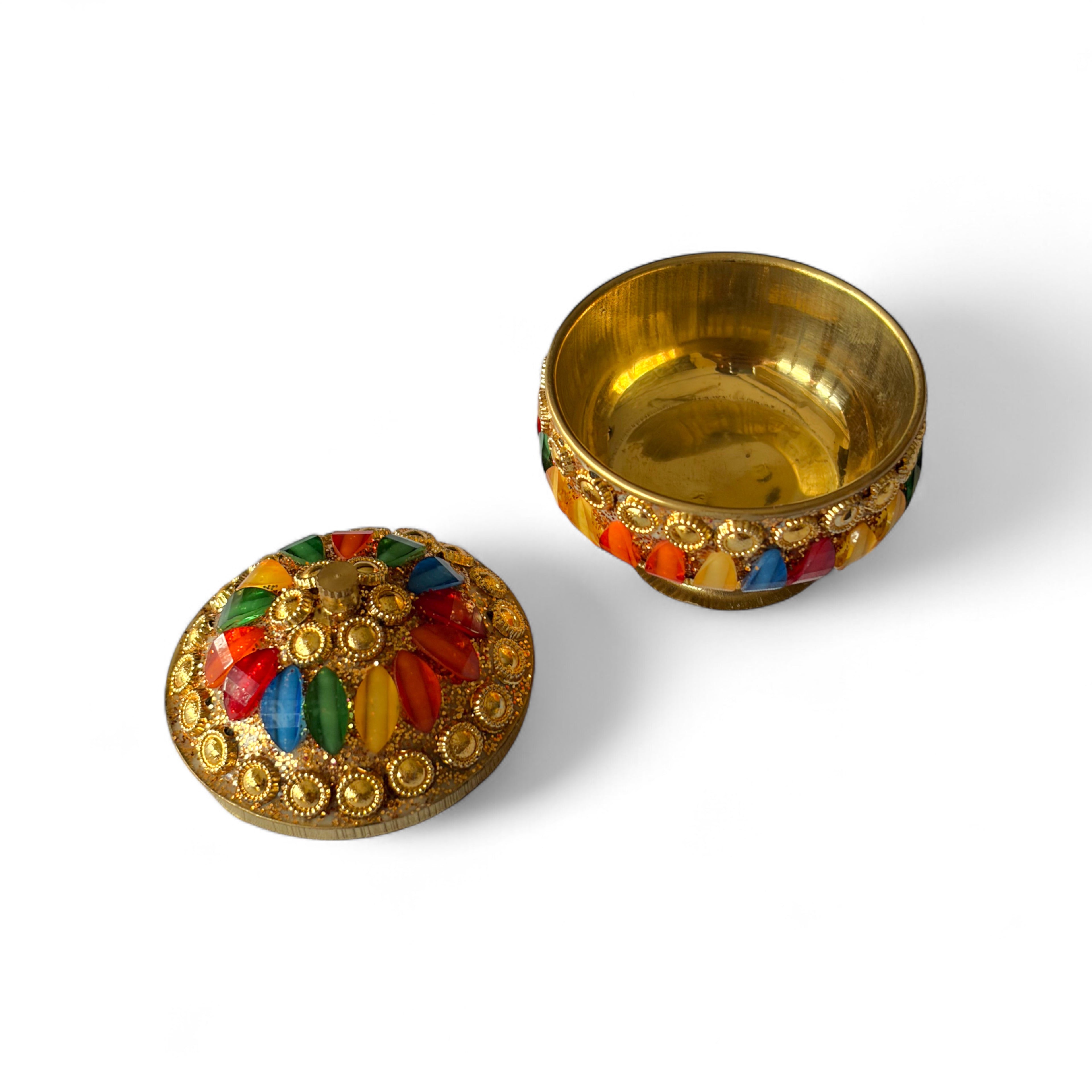 Traditional Indian Style Sindoor Box with Multicolored Glass Inlay, Brass, Sindoor Box, 6cm, Premium