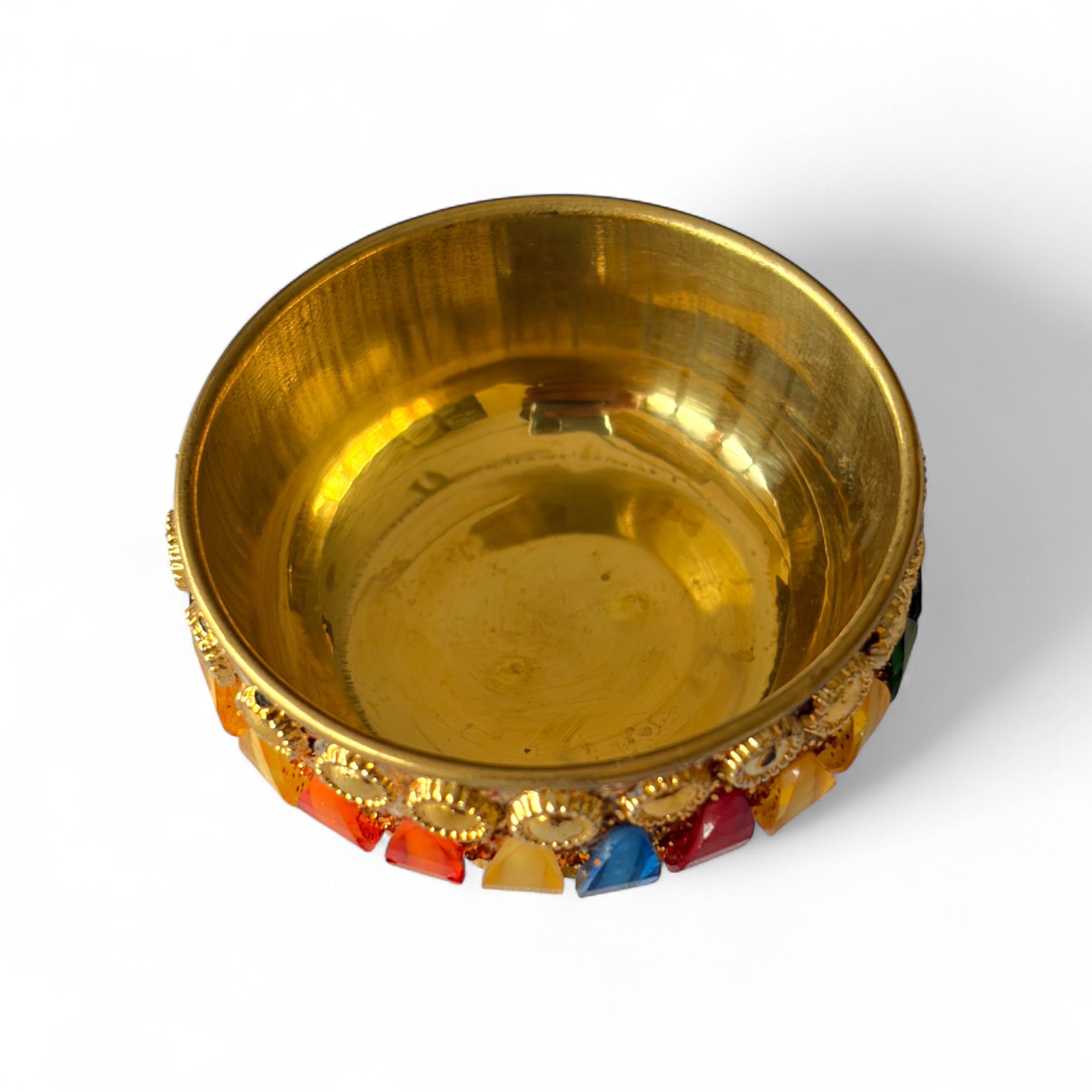 Traditional Indian Style Sindoor Box with Multicolored Glass Inlay, Brass, Sindoor Box, 6cm, Premium