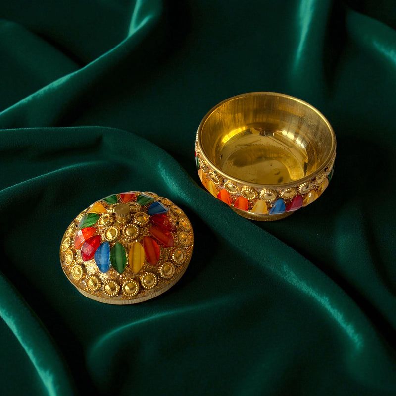 Traditional Indian Style Sindoor Box with Multicolored Glass Inlay, Brass, Sindoor Box, 6cm, Premium