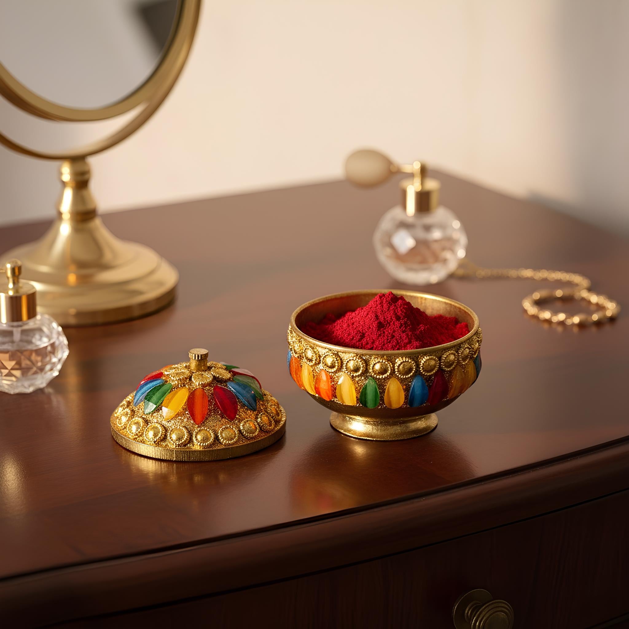 Traditional Indian Style Sindoor Box with Multicolored Glass Inlay, Brass, Sindoor Box, 6cm, Premium