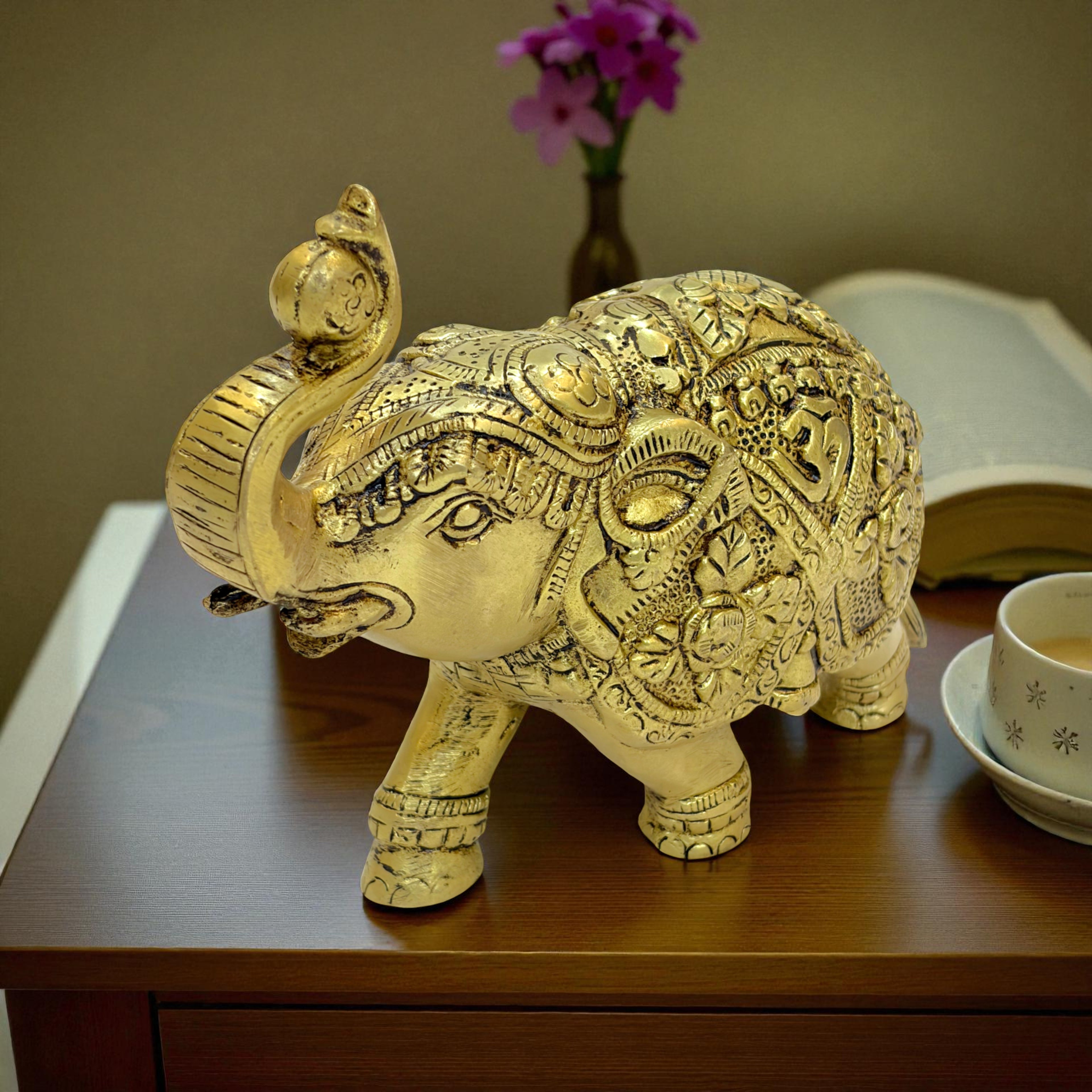 Ornate Elephant Brass Statue, Metal Decorative Statue with Intricate Mandala Pattern, Home Decor, 15 x 14 cm