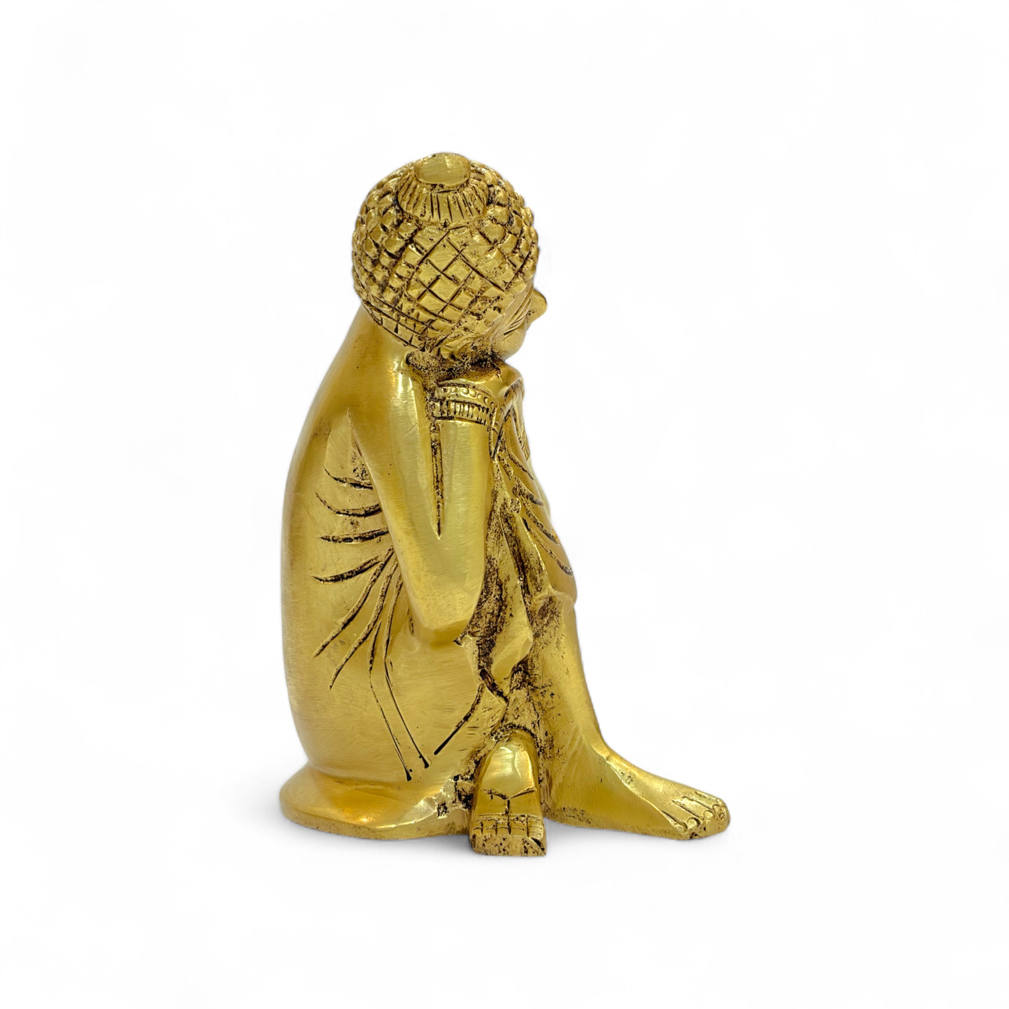 Resting Buddha Brass Statue, Reclining Meditation Figurine, 14cm Height x 11cm Length, Metallic Finish