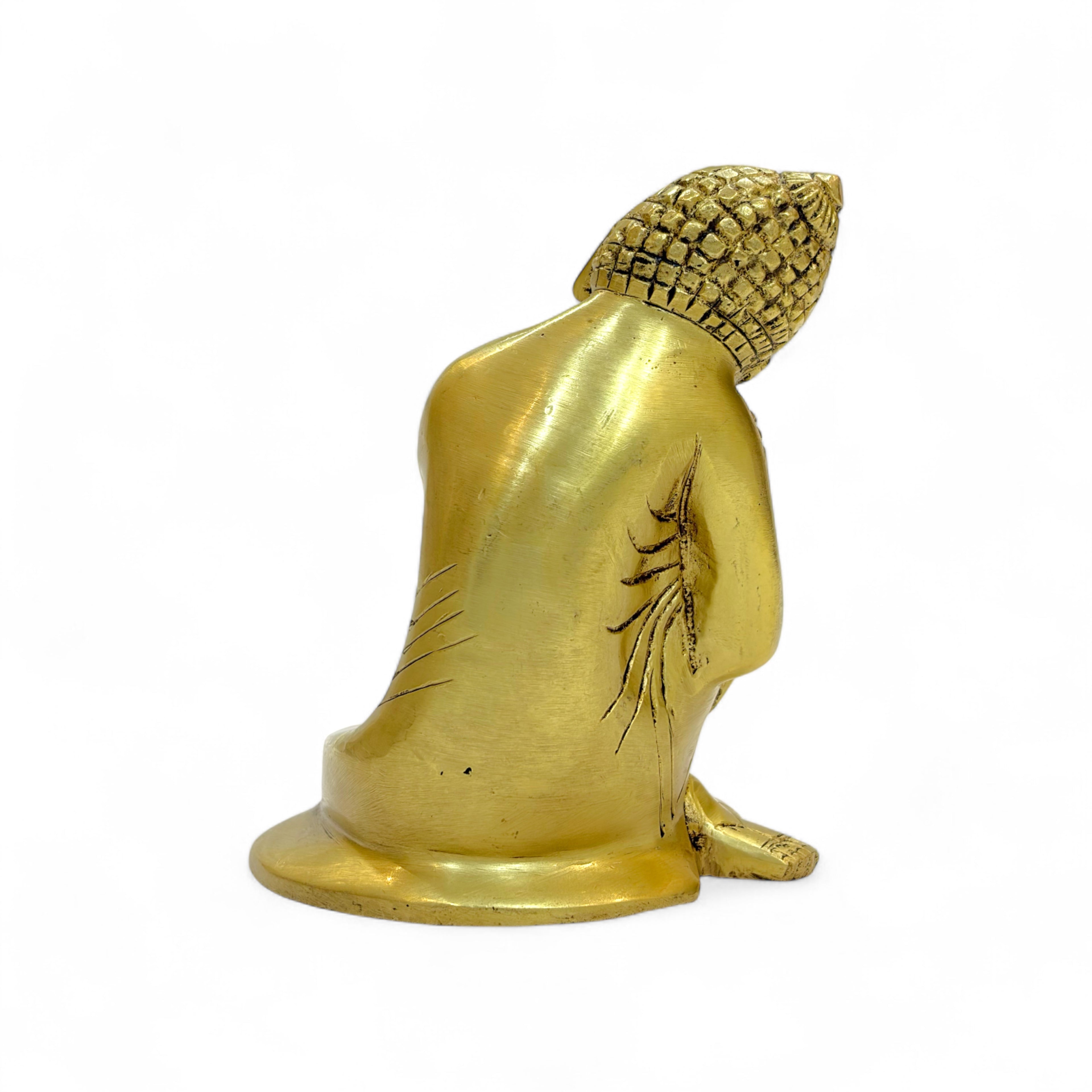 Resting Buddha Brass Statue, Reclining Meditation Figurine, 14cm Height x 11cm Length, Metallic Finish