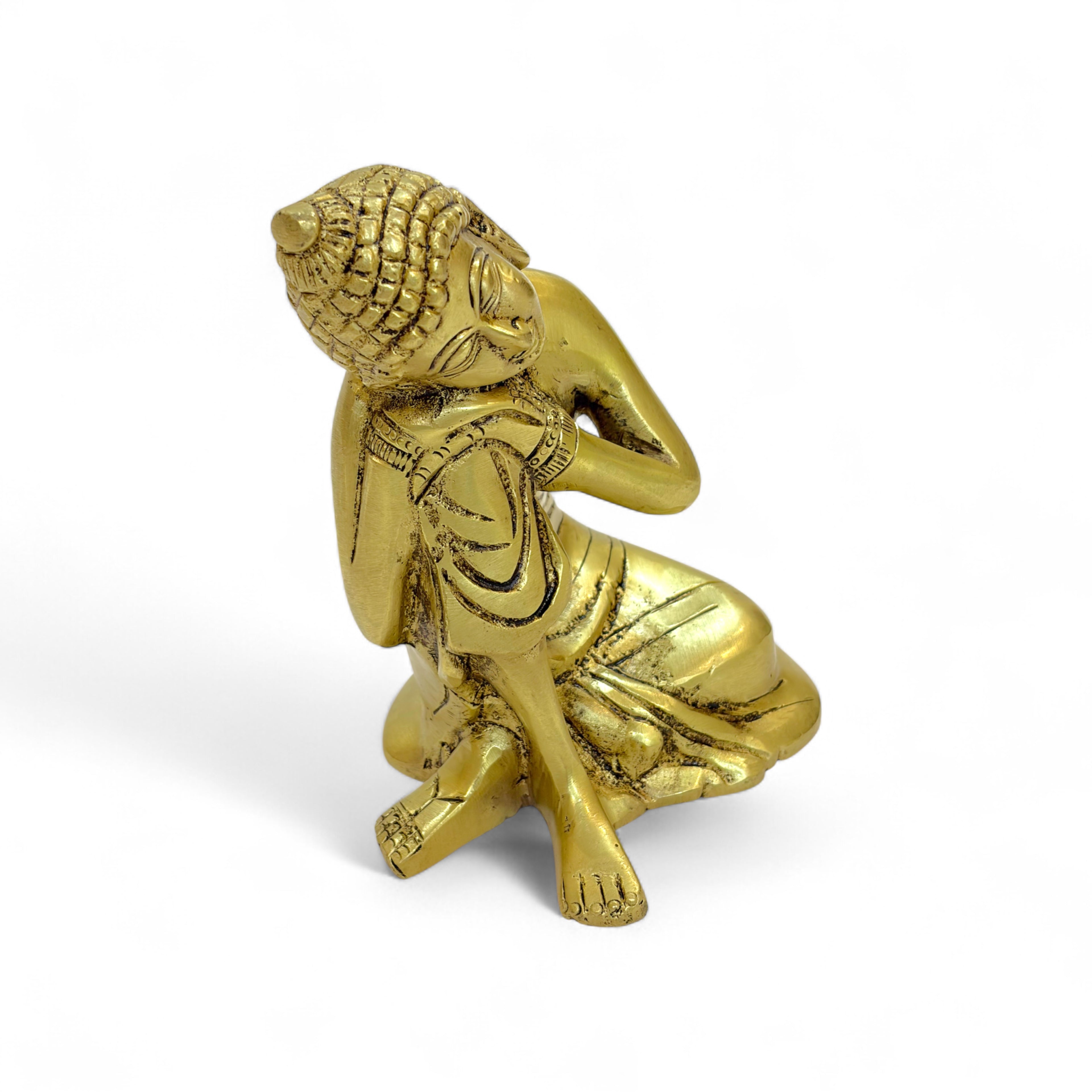 Resting Buddha Brass Statue, Reclining Meditation Figurine, 14cm Height x 11cm Length, Metallic Finish