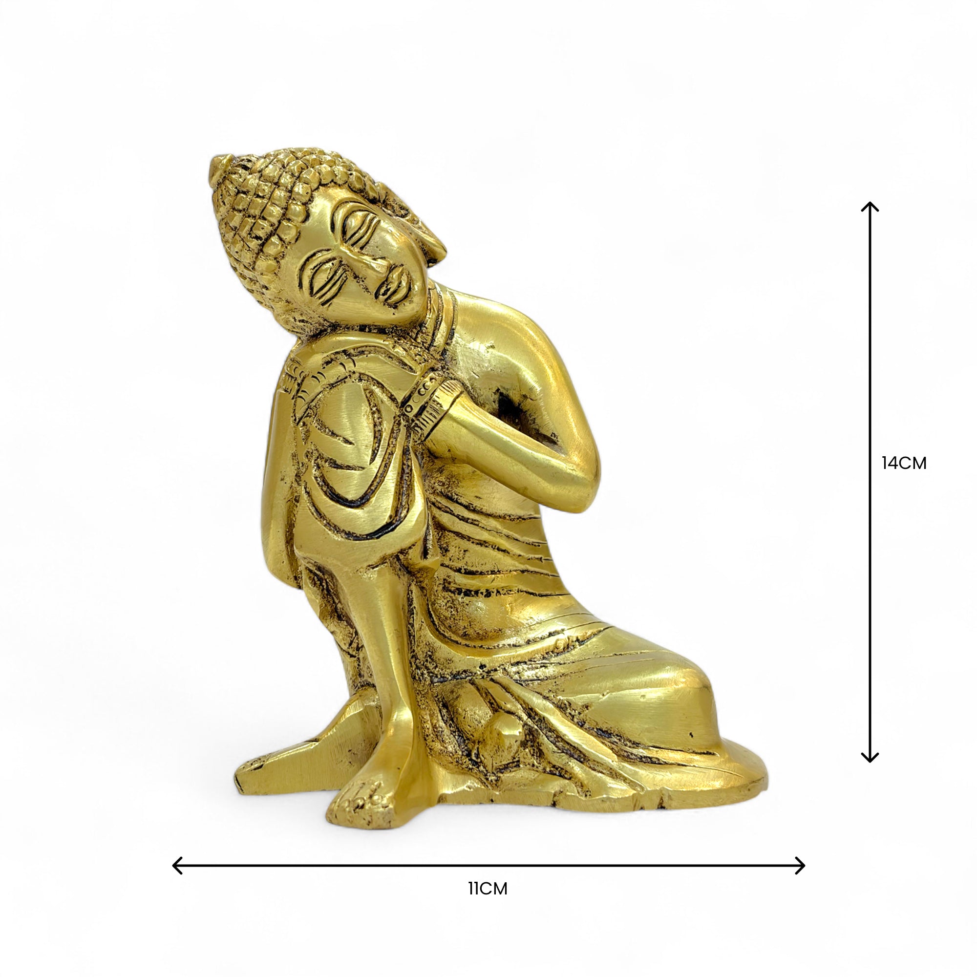 Resting Buddha Brass Statue, Reclining Meditation Figurine, 14cm Height x 11cm Length, Metallic Finish