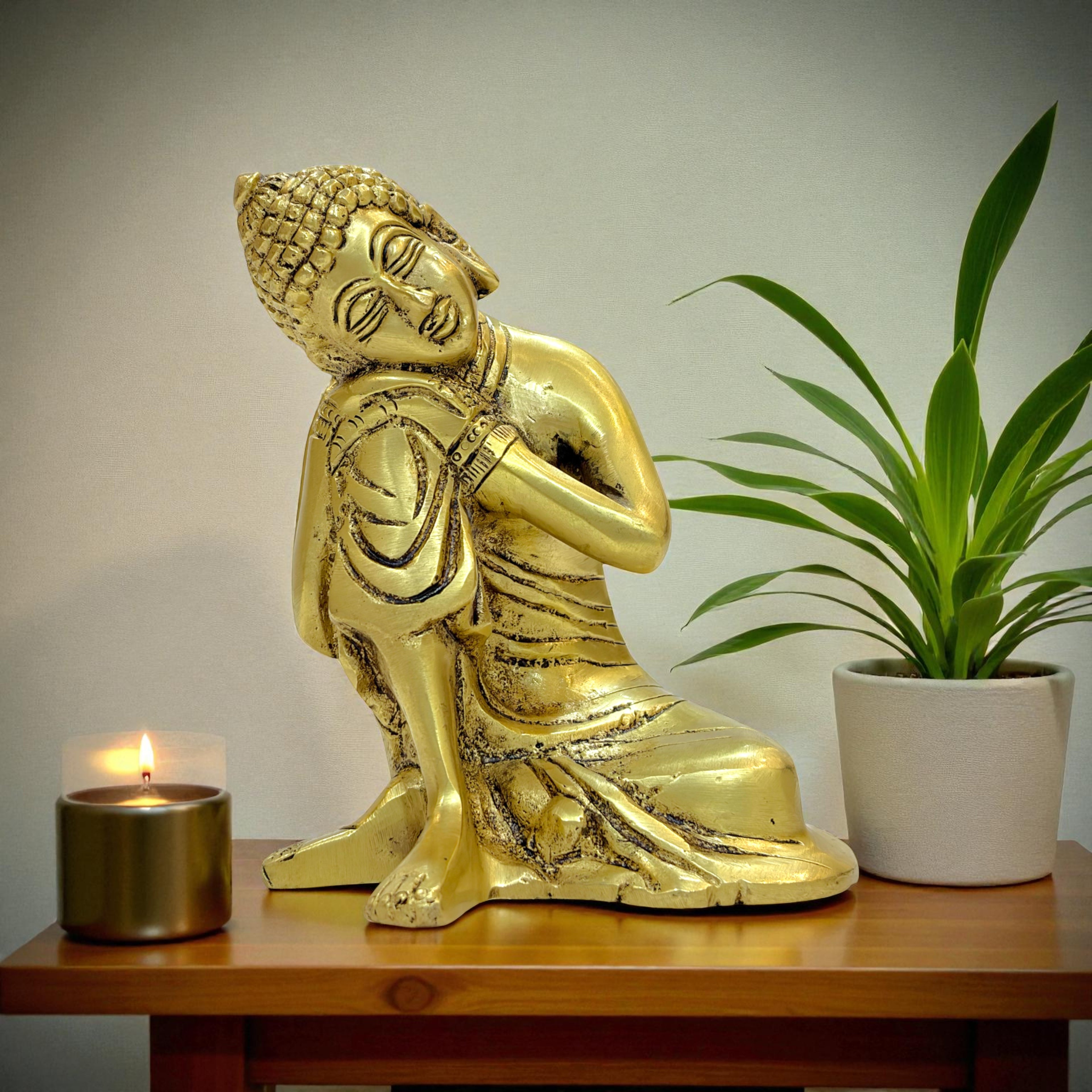 Resting Buddha Brass Statue, Reclining Meditation Figurine, 14cm Height x 11cm Length, Metallic Finish