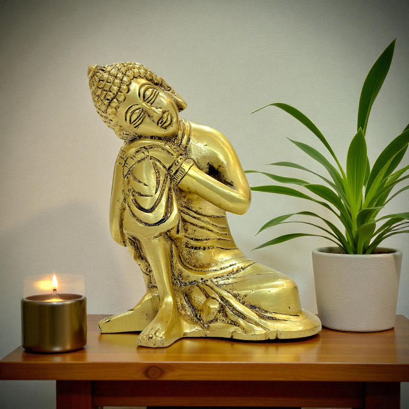 Resting Buddha Brass Statue, Reclining Meditation Figurine, 14cm Height x 11cm Length, Metallic Finish