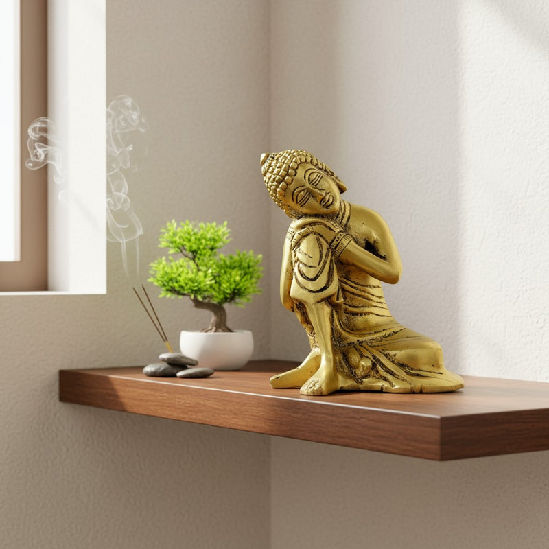 Resting Buddha Brass Statue, Reclining Meditation Figurine, 14cm Height x 11cm Length, Metallic Finish