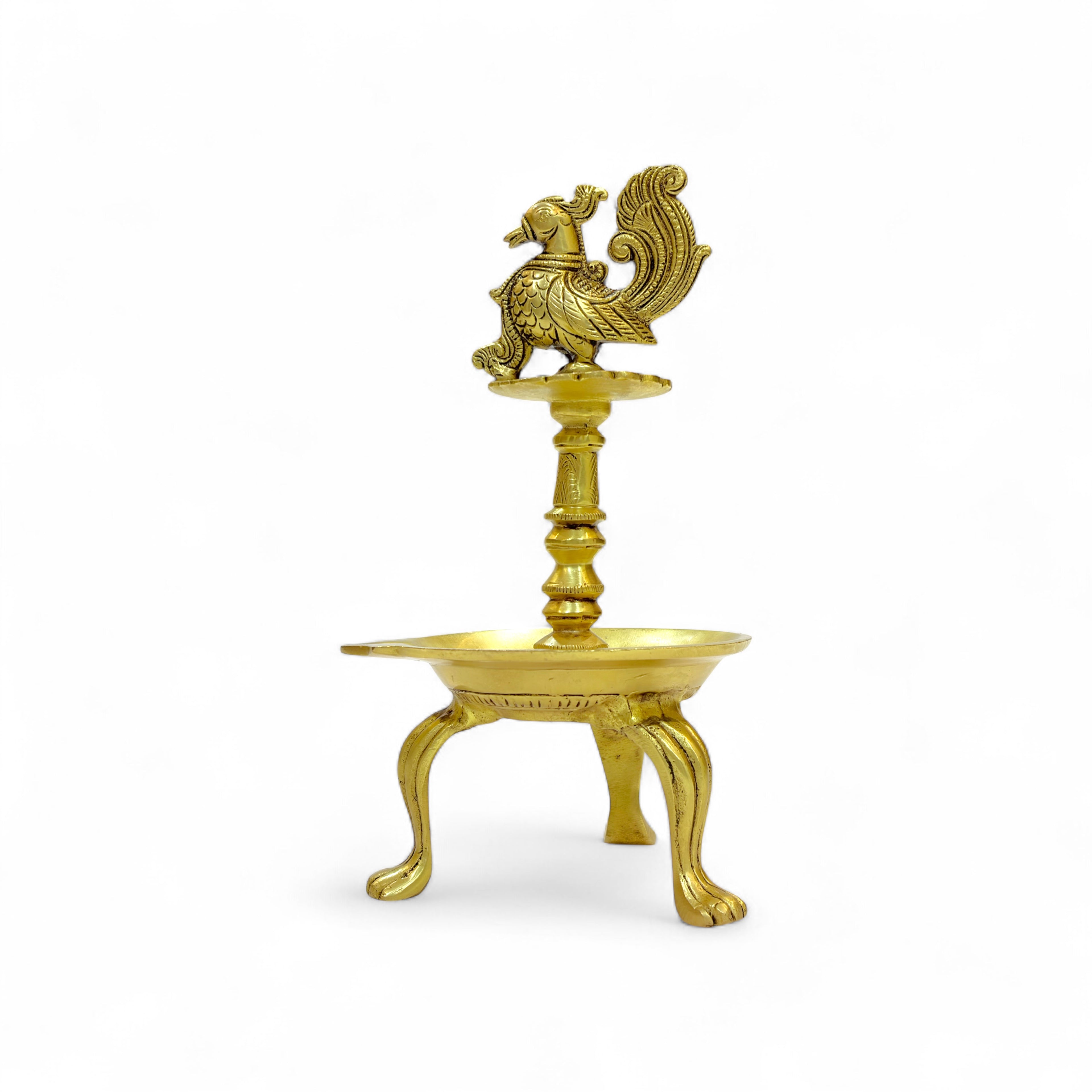 Traditional Brass Peacock Oil Lamp, Decorative Diya Stand with Tripod Base, Antique Gold Finish, 28cm Height, Indian Pooja Lamp for Home Temple