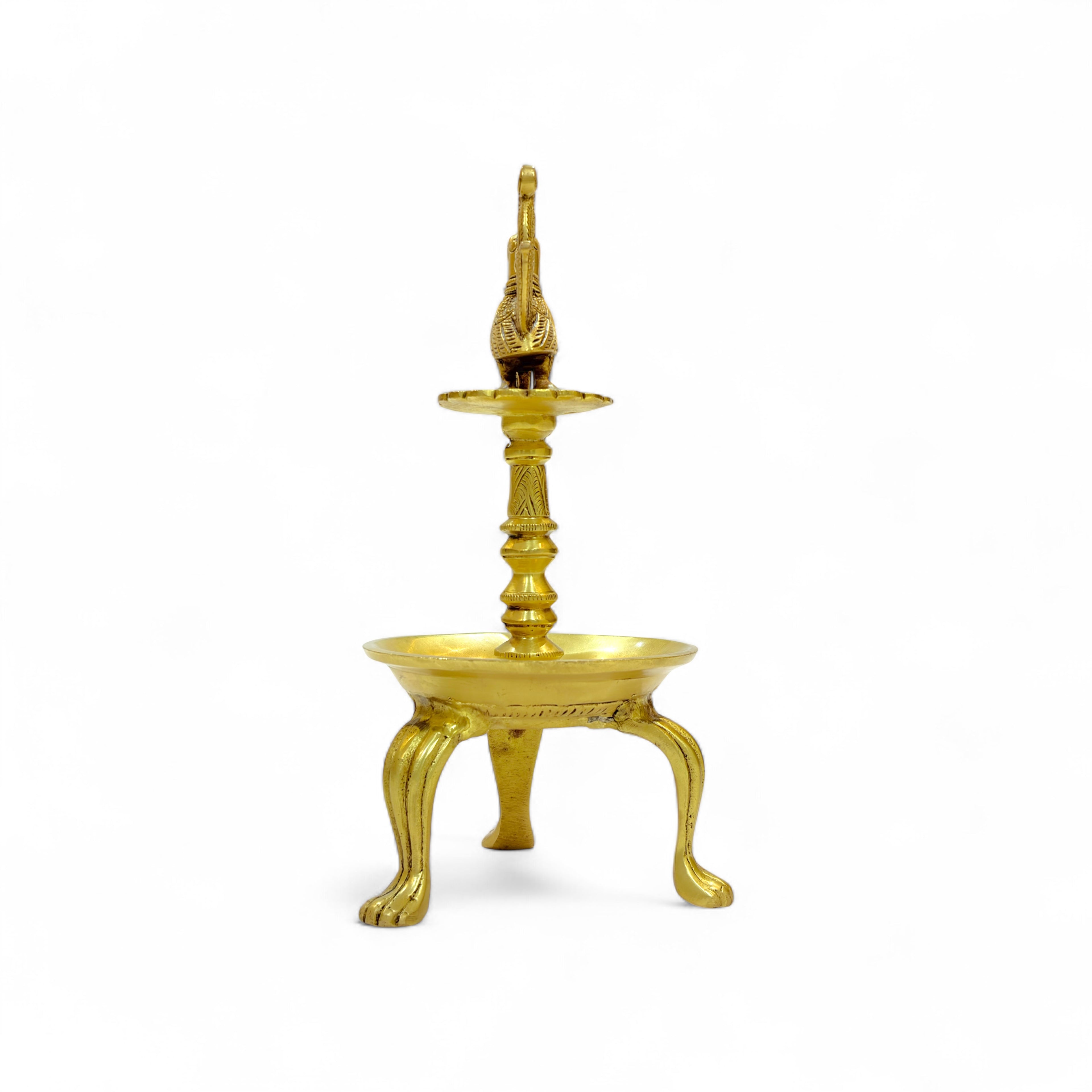 Traditional Brass Peacock Oil Lamp, Decorative Diya Stand with Tripod Base, Antique Gold Finish, 28cm Height, Indian Pooja Lamp for Home Temple