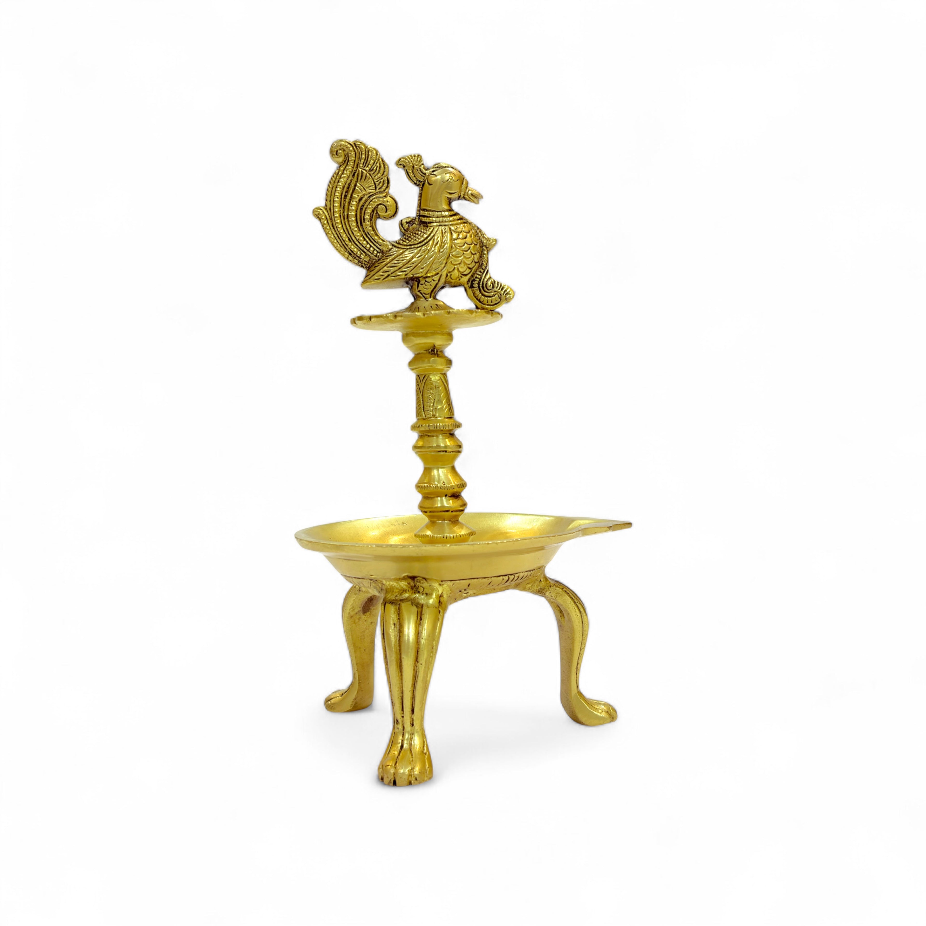 Traditional Brass Peacock Oil Lamp, Decorative Diya Stand with Tripod Base, Antique Gold Finish, 28cm Height, Indian Pooja Lamp for Home Temple