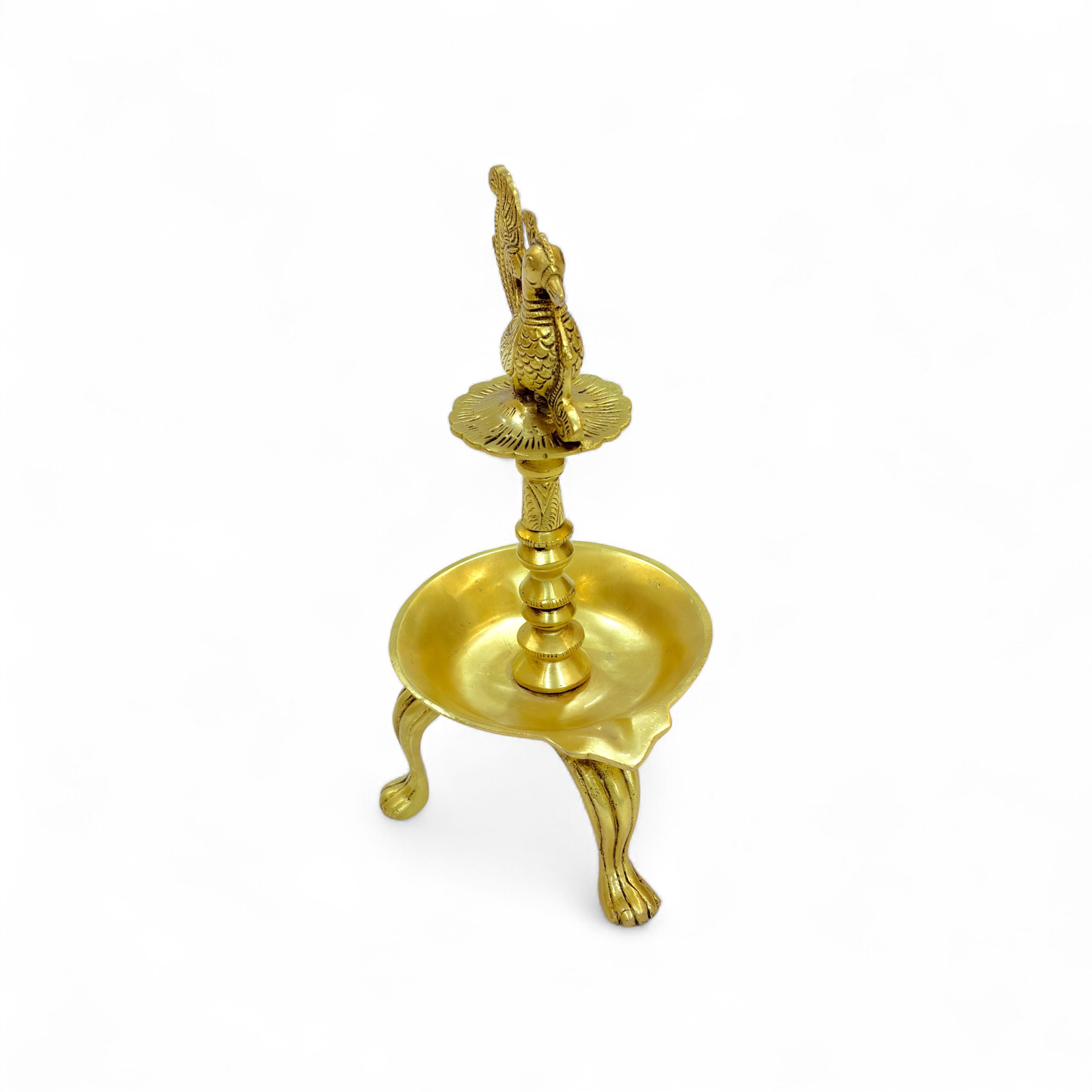 Traditional Brass Peacock Oil Lamp, Decorative Diya Stand with Tripod Base, Antique Gold Finish, 28cm Height, Indian Pooja Lamp for Home Temple