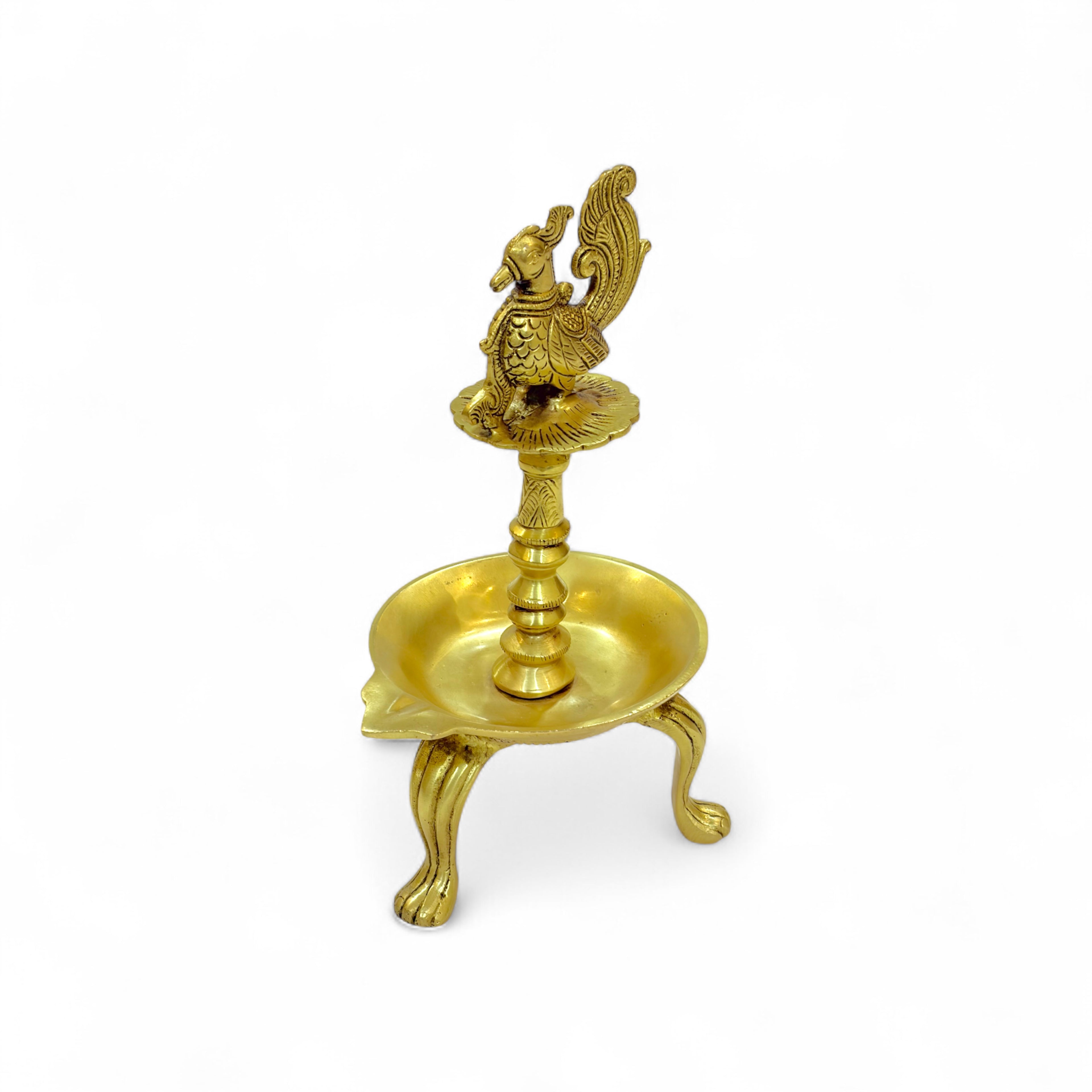 Traditional Brass Peacock Oil Lamp, Decorative Diya Stand with Tripod Base, Antique Gold Finish, 28cm Height, Indian Pooja Lamp for Home Temple