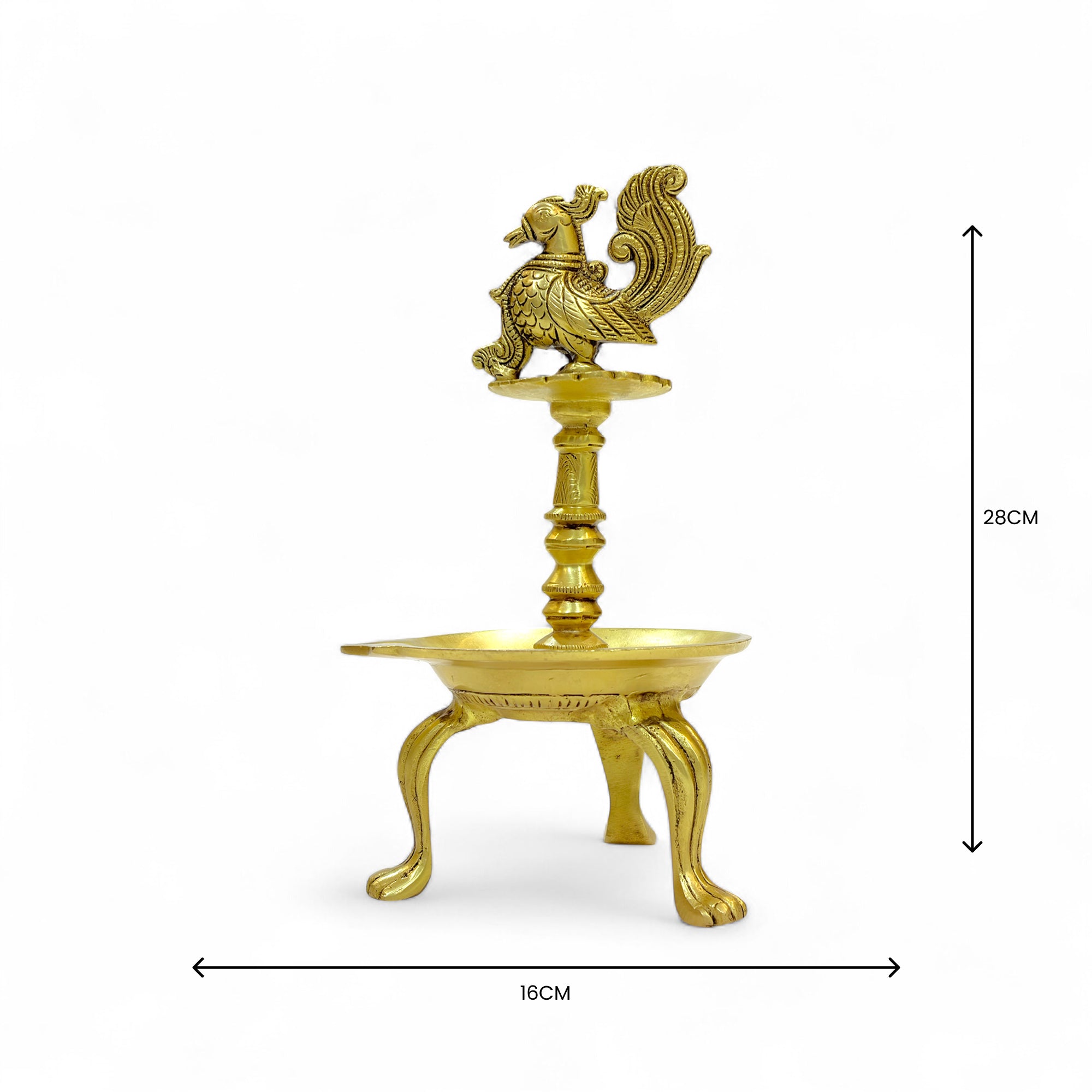 Traditional Brass Peacock Oil Lamp, Decorative Diya Stand with Tripod Base, Antique Gold Finish, 28cm Height, Indian Pooja Lamp for Home Temple