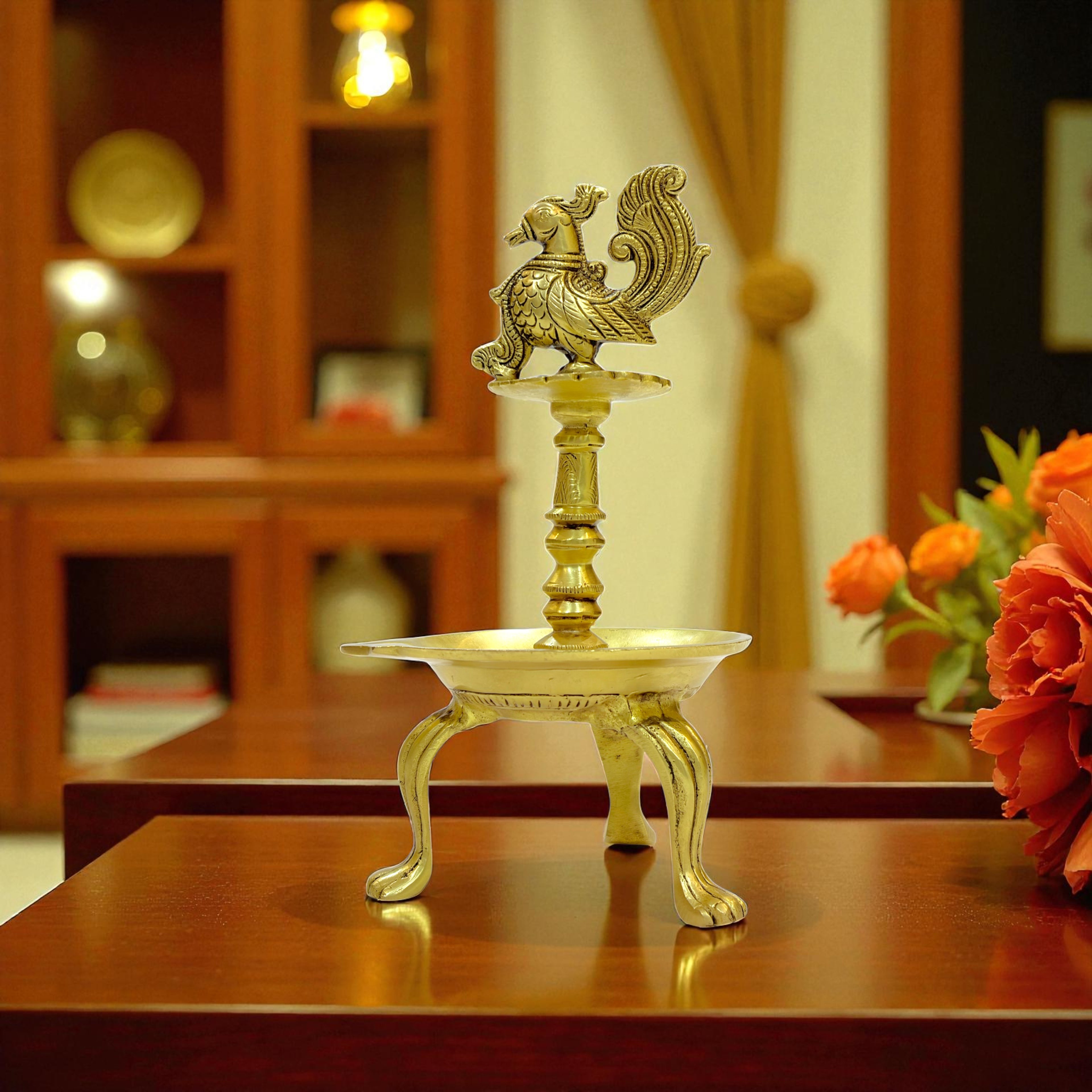 Traditional Brass Peacock Oil Lamp, Decorative Diya Stand with Tripod Base, Antique Gold Finish, 28cm Height, Indian Pooja Lamp for Home Temple