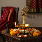 Traditional Brass Peacock Oil Lamp, Decorative Diya Stand with Tripod Base, Antique Gold Finish, 28cm Height, Indian Pooja Lamp for Home Temple