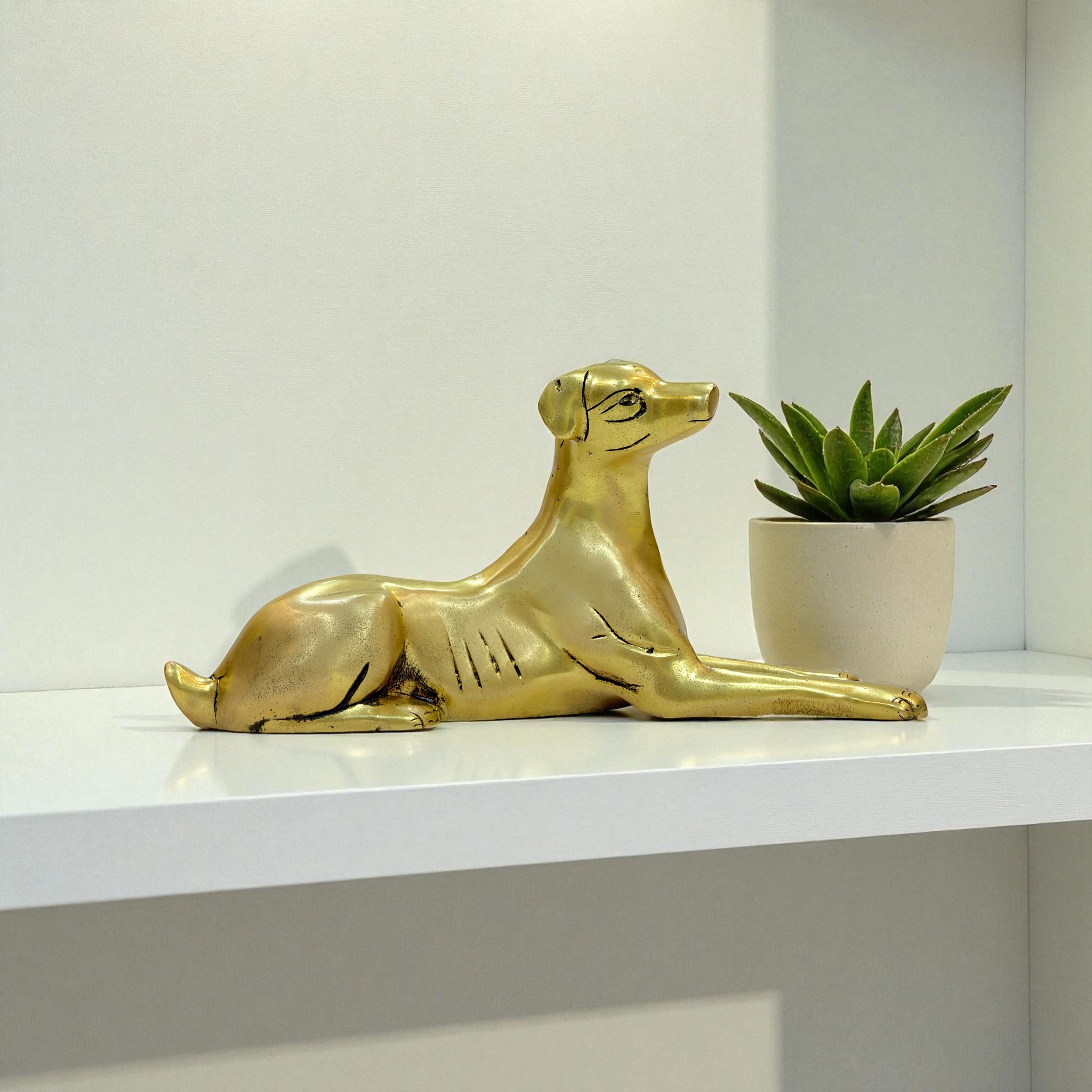 Decorative Brass Dog Figurine, Metal Reclining Dog Statue, Modern Home Decor, 23 x 10 cm