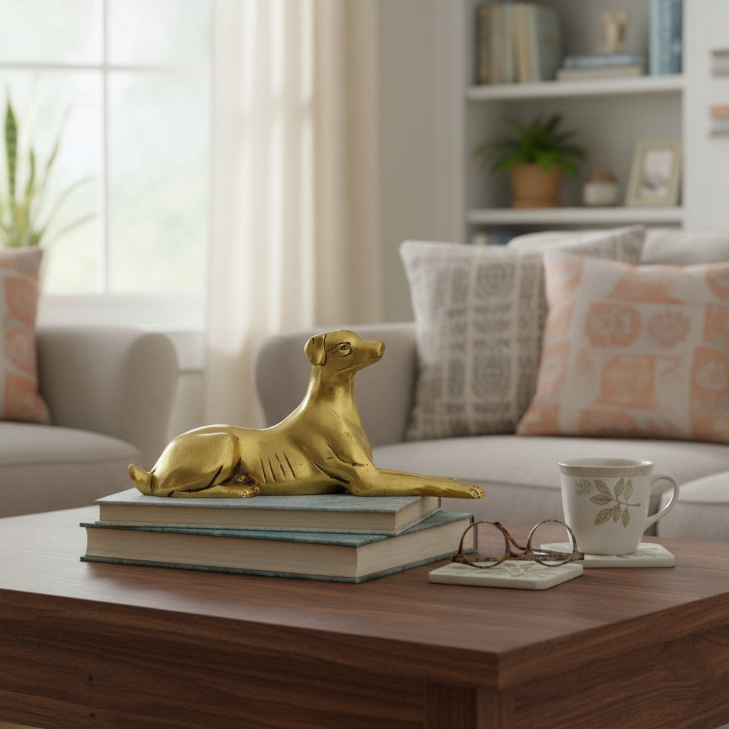 Decorative Brass Dog Figurine, Metal Reclining Dog Statue, Modern Home Decor, 23 x 10 cm