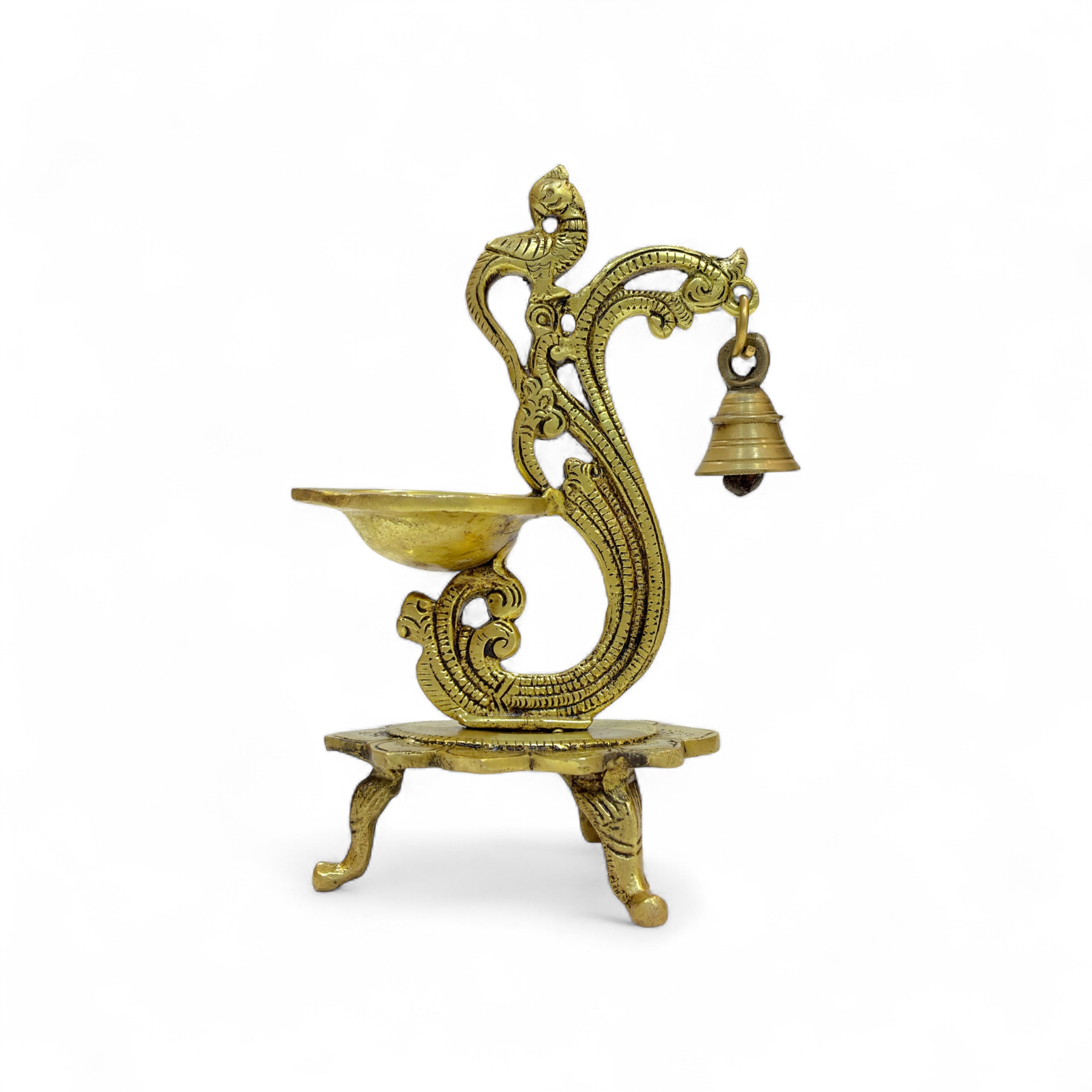 Brass Peacock Oil Lamp Diya with Bell, Traditional Indian Decor, Ornate Design, 19cm Height, 15cm Width, Decorative Pooja Diya Stand