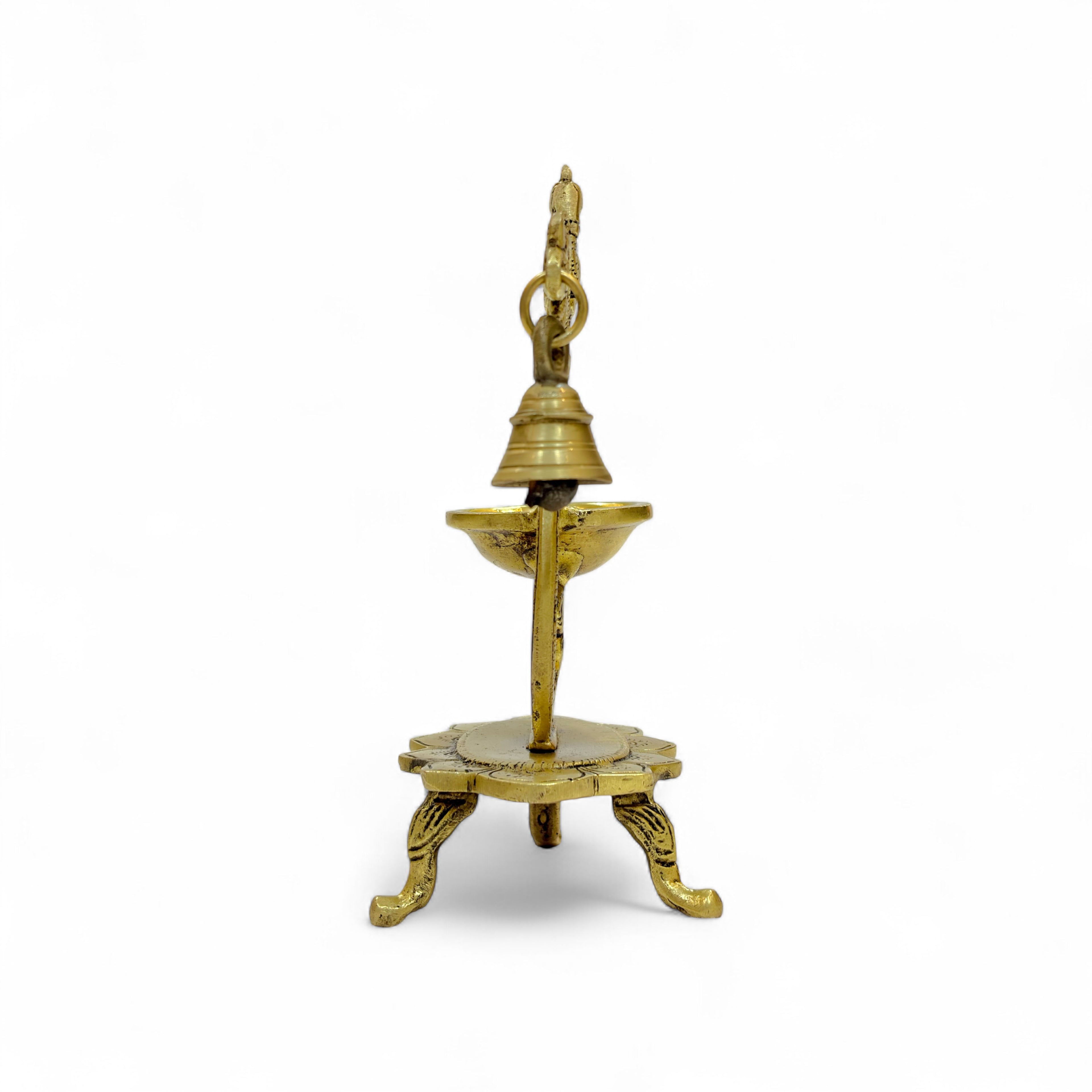 Brass Peacock Oil Lamp Diya with Bell, Traditional Indian Decor, Ornate Design, 19cm Height, 15cm Width, Decorative Pooja Diya Stand