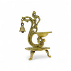Brass Peacock Oil Lamp Diya with Bell, Traditional Indian Decor, Ornate Design, 19cm Height, 15cm Width, Decorative Pooja Diya Stand
