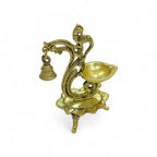 Brass Peacock Oil Lamp Diya with Bell, Traditional Indian Decor, Ornate Design, 19cm Height, 15cm Width, Decorative Pooja Diya Stand