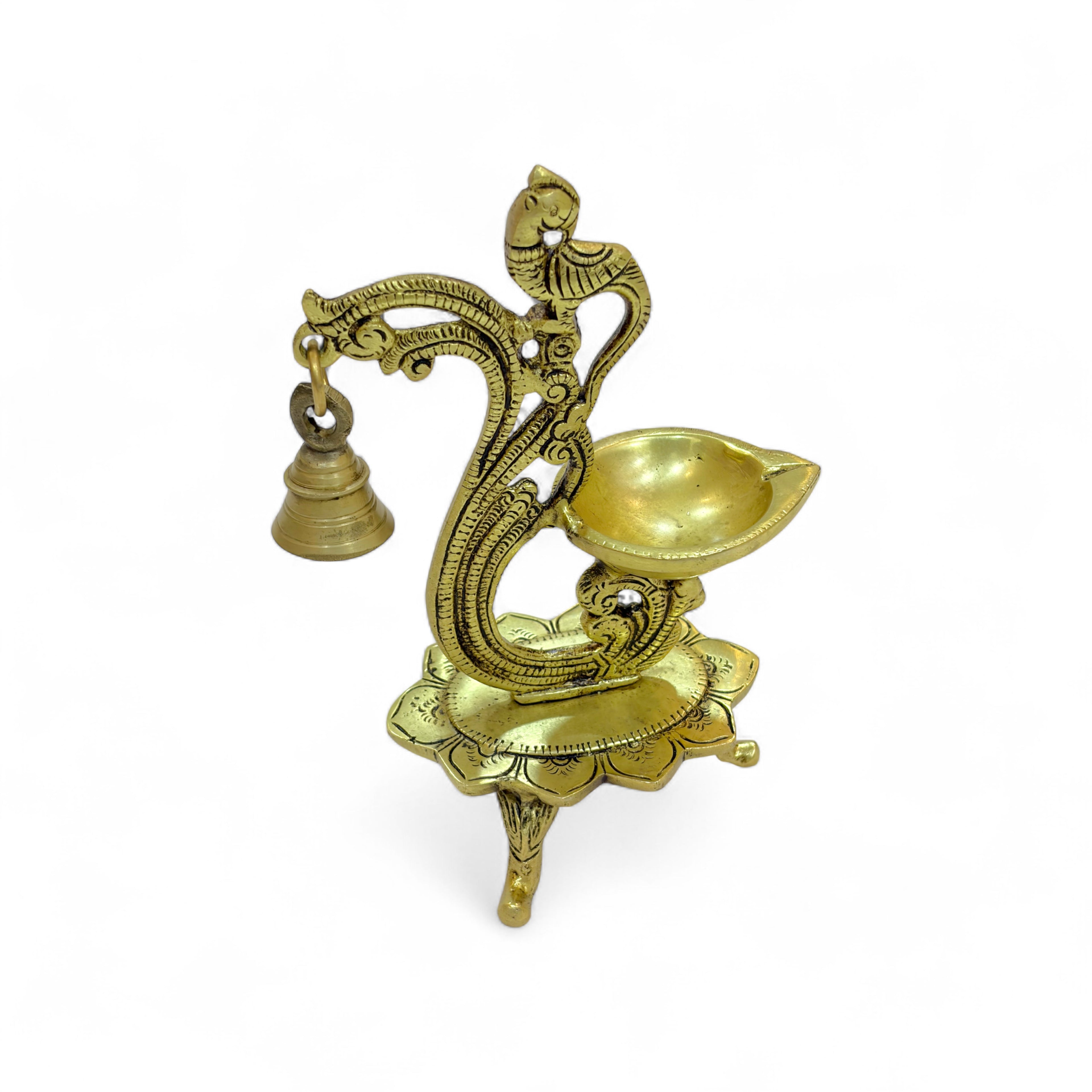 Brass Peacock Oil Lamp Diya with Bell, Traditional Indian Decor, Ornate Design, 19cm Height, 15cm Width, Decorative Pooja Diya Stand