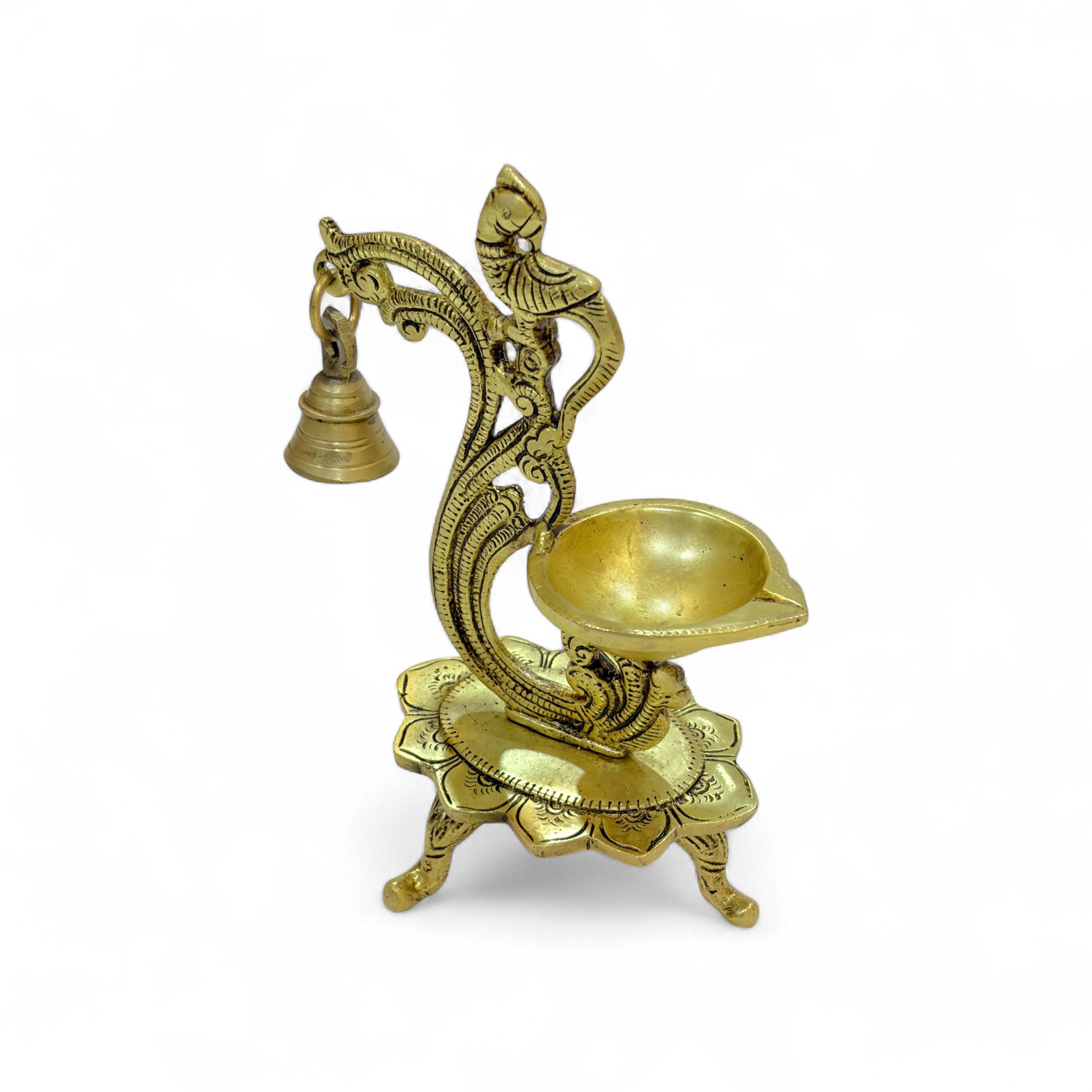 Brass Peacock Oil Lamp Diya with Bell, Traditional Indian Decor, Ornate Design, 19cm Height, 15cm Width, Decorative Pooja Diya Stand