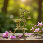 Brass Peacock Oil Lamp Diya with Bell, Traditional Indian Decor, Ornate Design, 19cm Height, 15cm Width, Decorative Pooja Diya Stand
