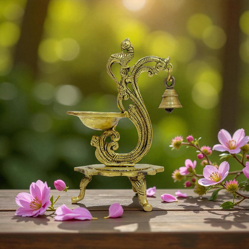 Brass Peacock Oil Lamp Diya with Bell, Traditional Indian Decor, Ornate Design, 19cm Height, 15cm Width, Decorative Pooja Diya Stand
