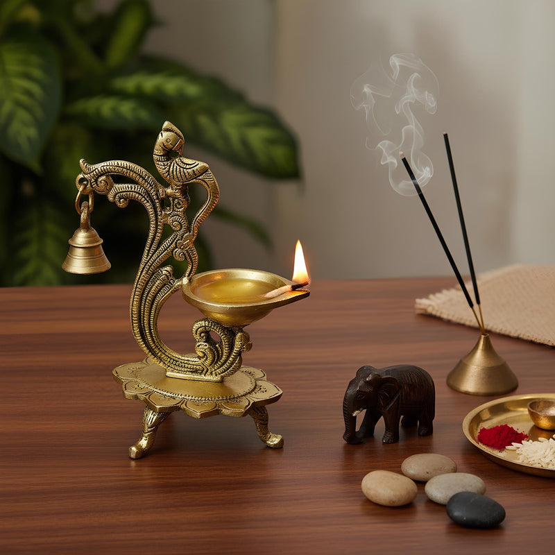 Brass Peacock Oil Lamp Diya with Bell, Traditional Indian Decor, Ornate Design, 19cm Height, 15cm Width, Decorative Pooja Diya Stand