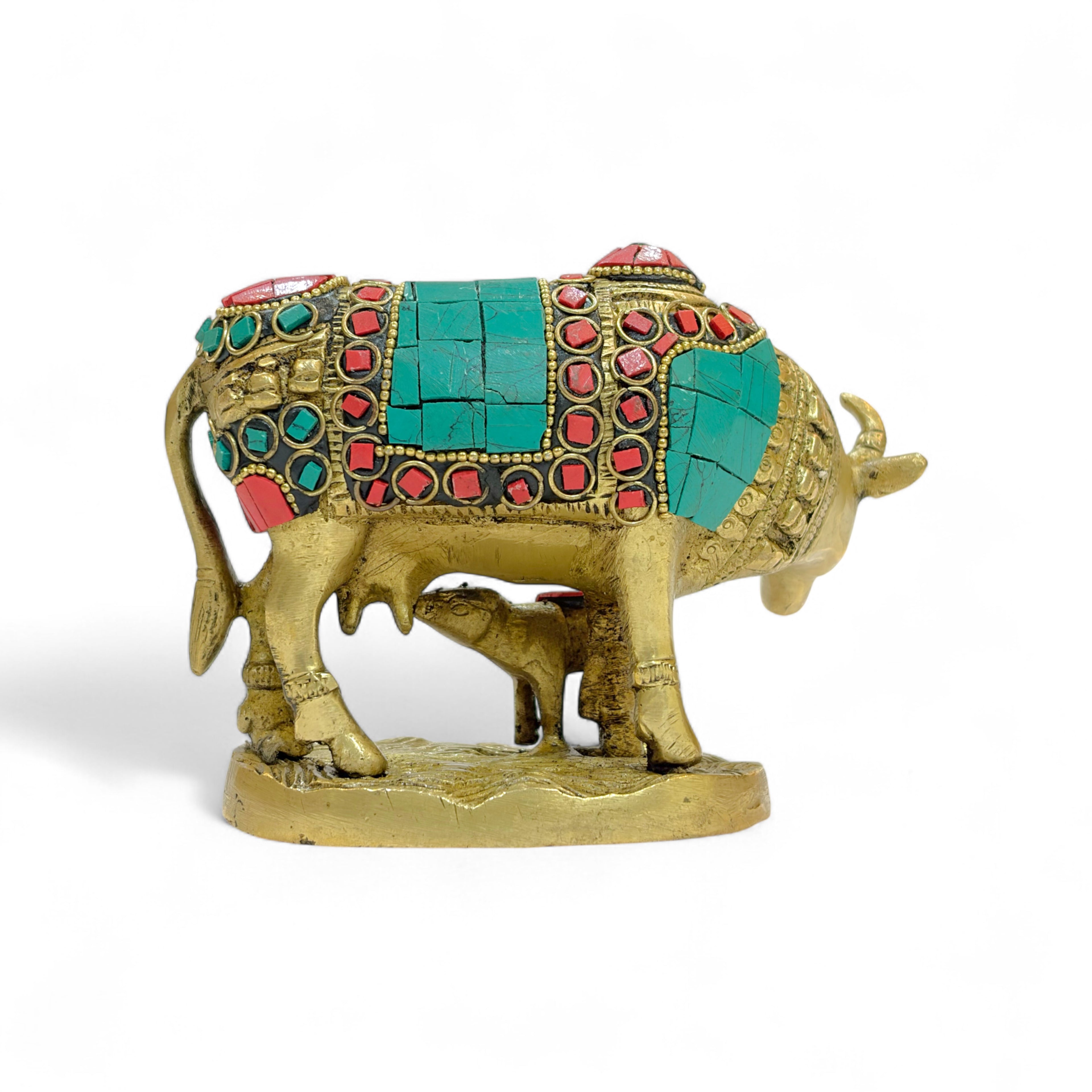 Brass Cow and Calf Statue, Traditional Indian Style Decorative Statue, Premium,15cm x 9cm