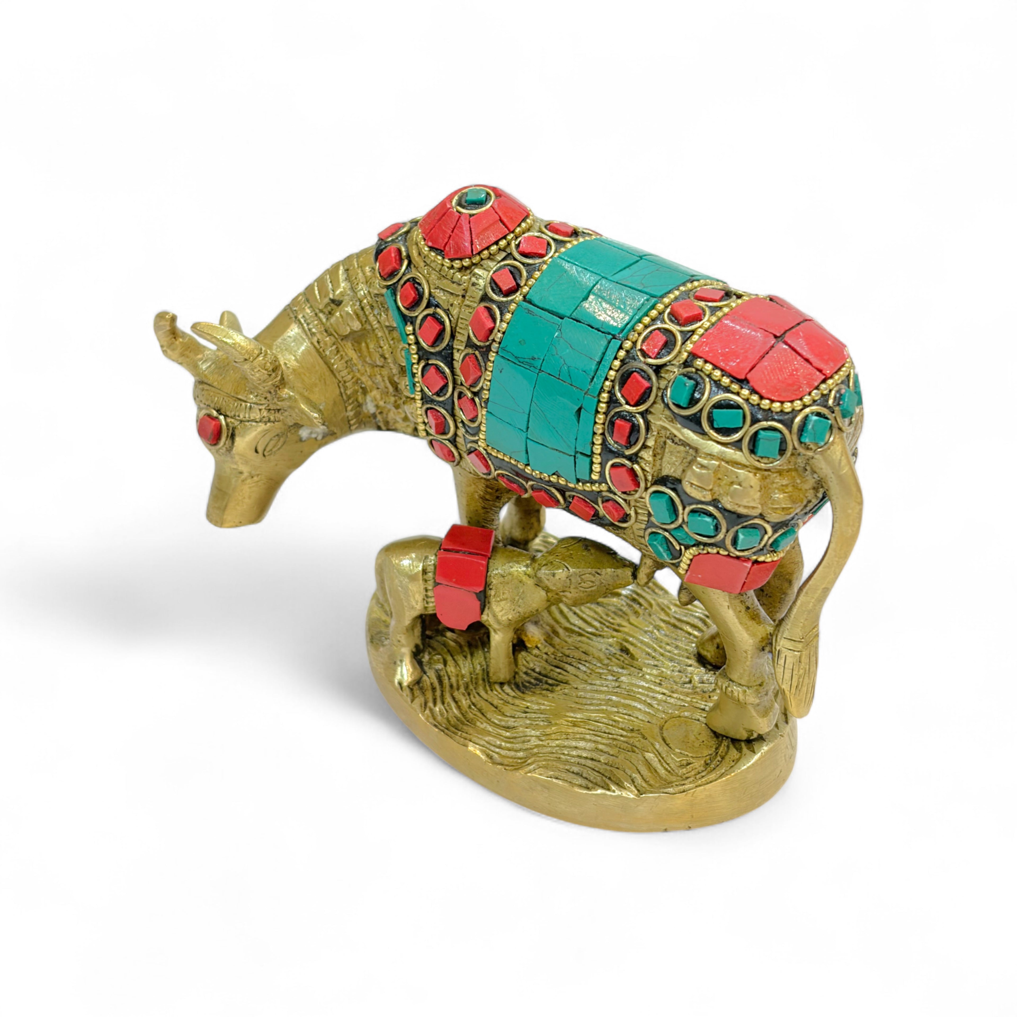 Brass Cow and Calf Statue, Traditional Indian Style Decorative Statue, Premium,15cm x 9cm